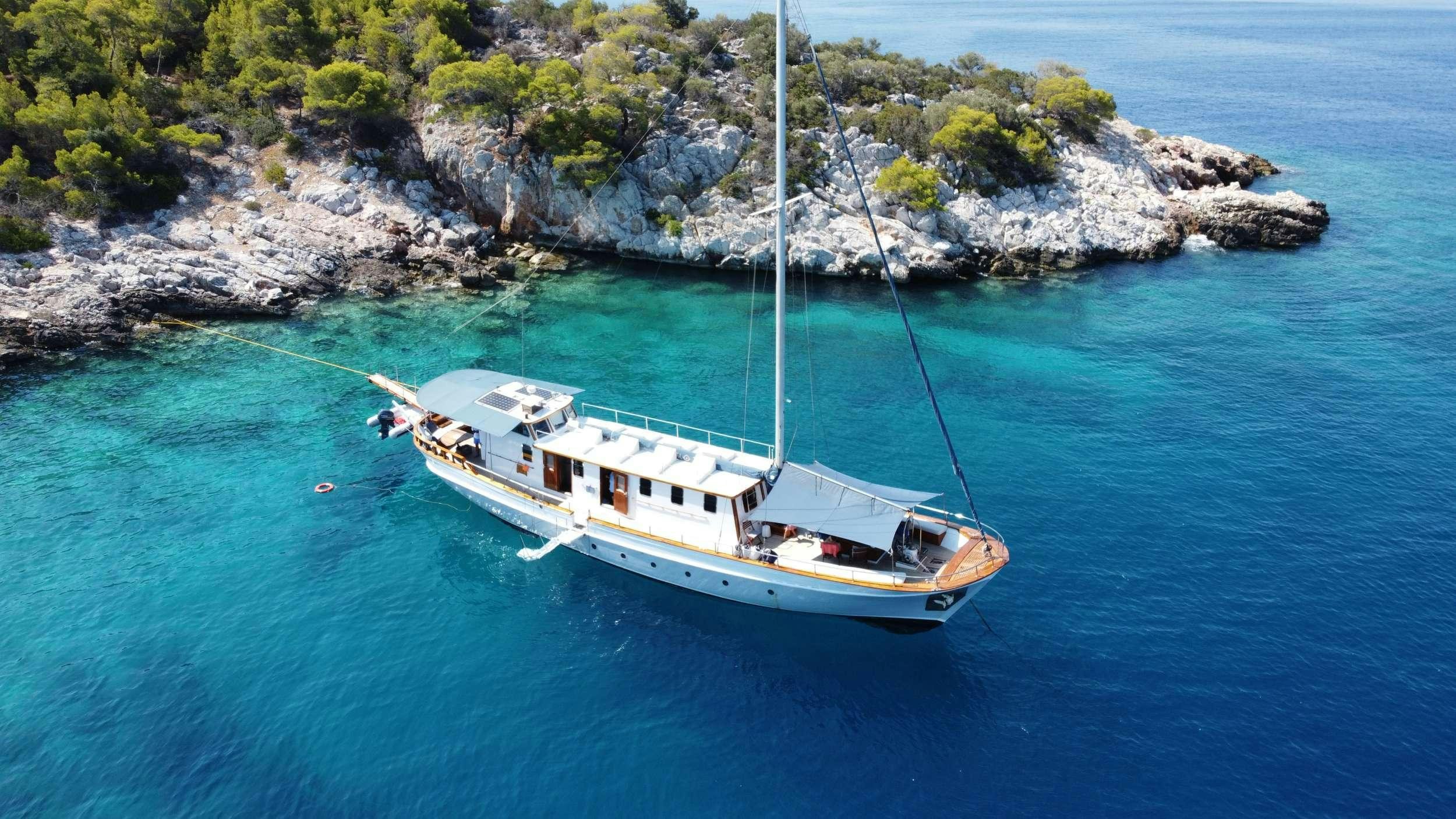 a boat sailing in the sea aboard COSMOS Yacht for Charter
