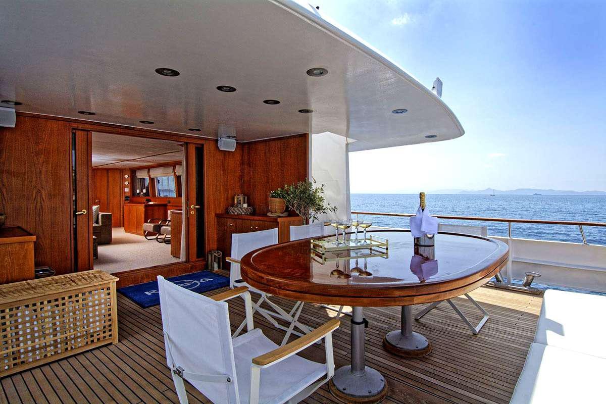 a dining table on a deck overlooking the ocean aboard KARMA Yacht for Charter
