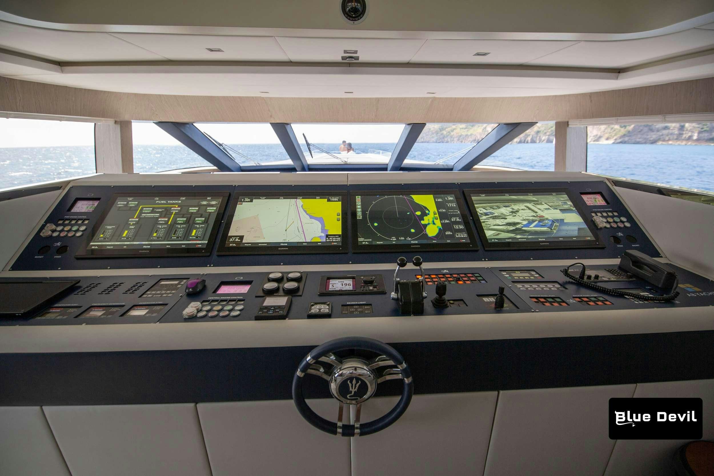 inside of a vehicle aboard BLUE DEVIL Yacht for Charter