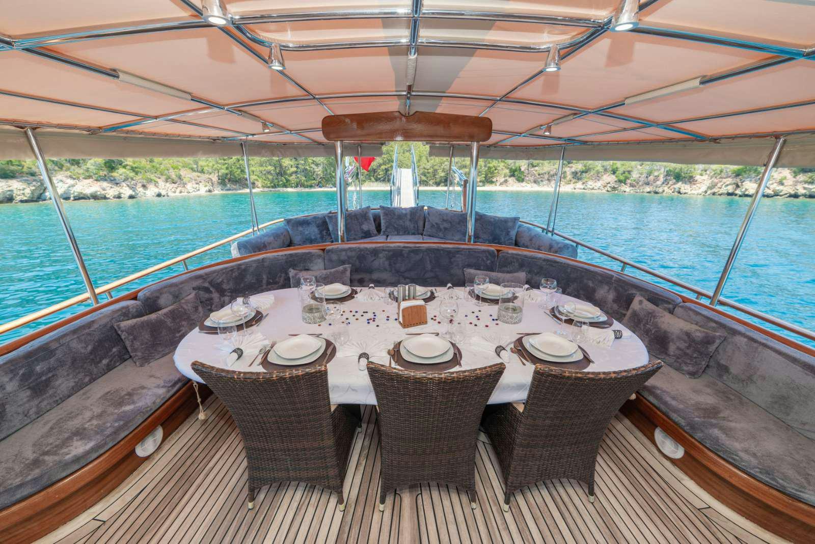 a table set for a meal on a boat aboard SEMA TUANA Yacht for Charter