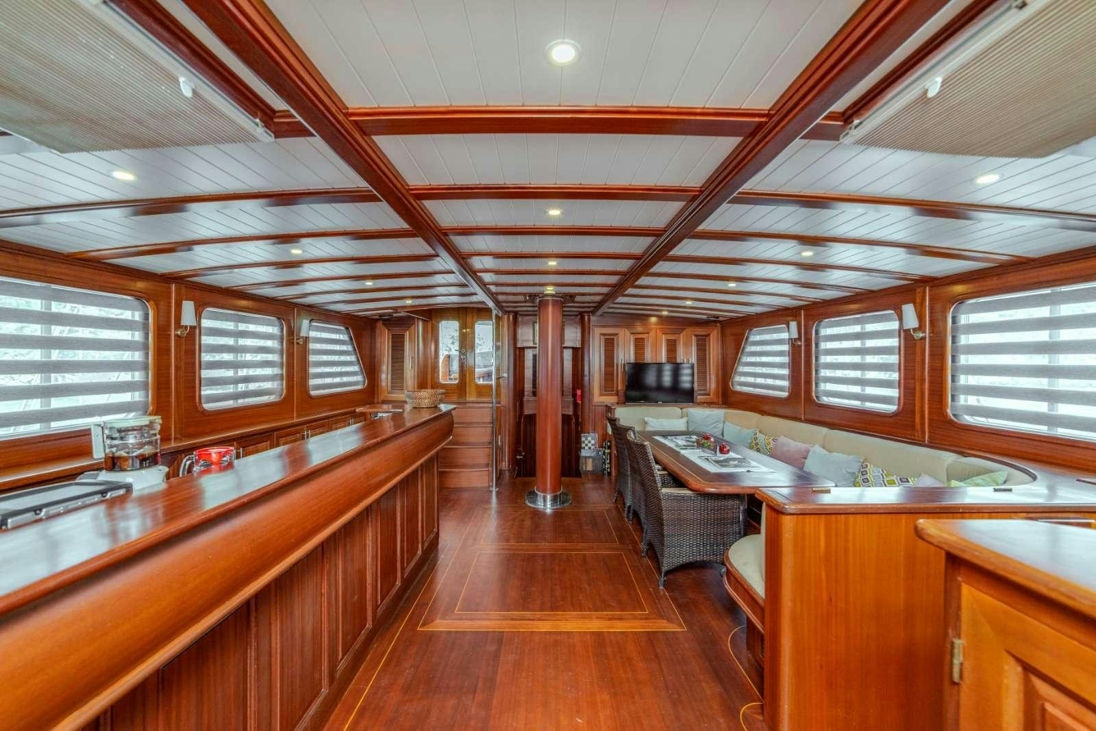 a large kitchen with wooden cabinets aboard SEMA TUANA Yacht for Charter