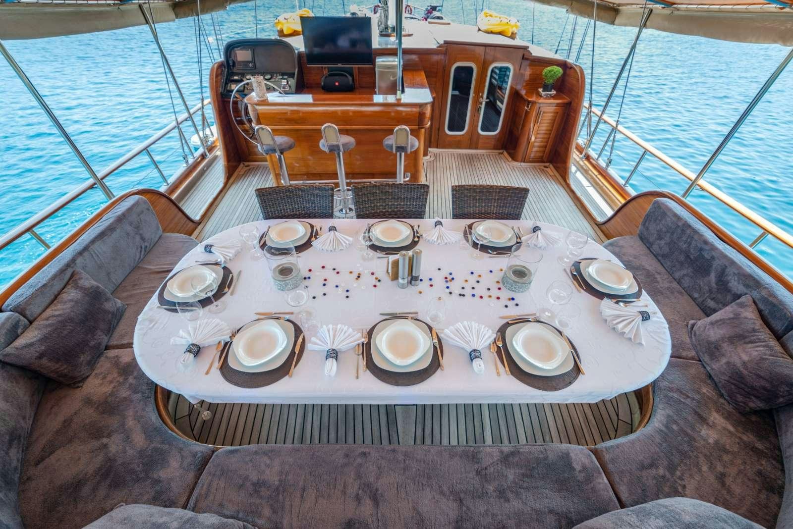 a table with plates and cups on it aboard SEMA TUANA Yacht for Charter