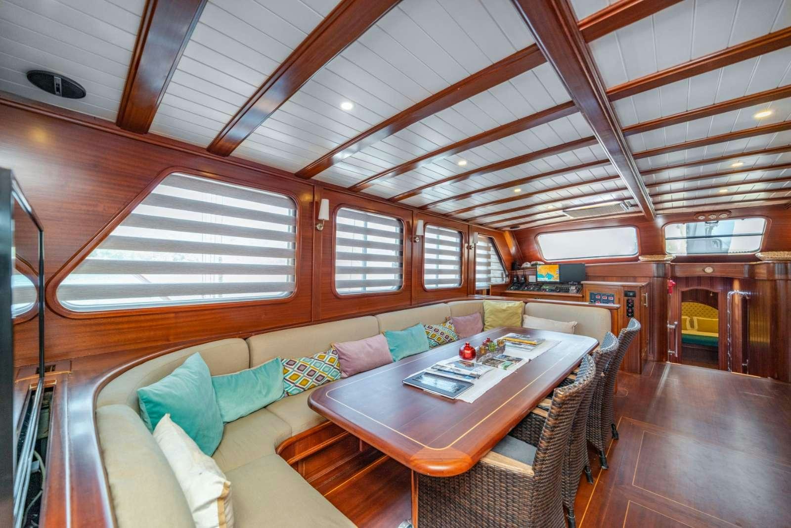 a living room with a wood ceiling aboard SEMA TUANA Yacht for Charter