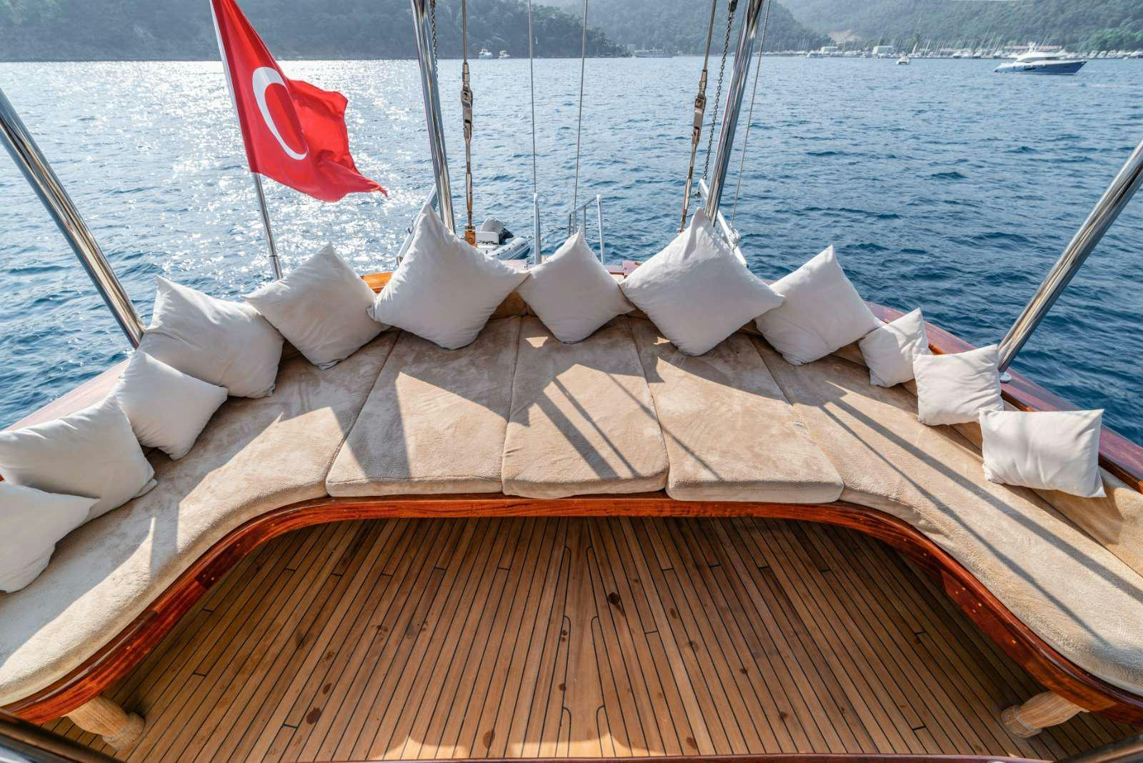 a boat with white towels on it aboard AMAZON SOLO Yacht for Charter
