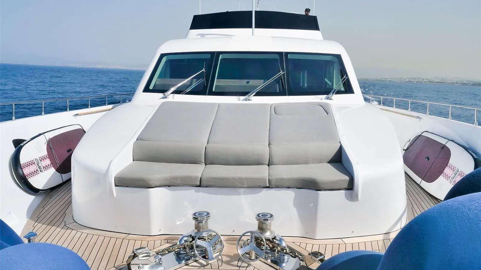 a white boat on a deck aboard MILGAUSS Yacht for Charter