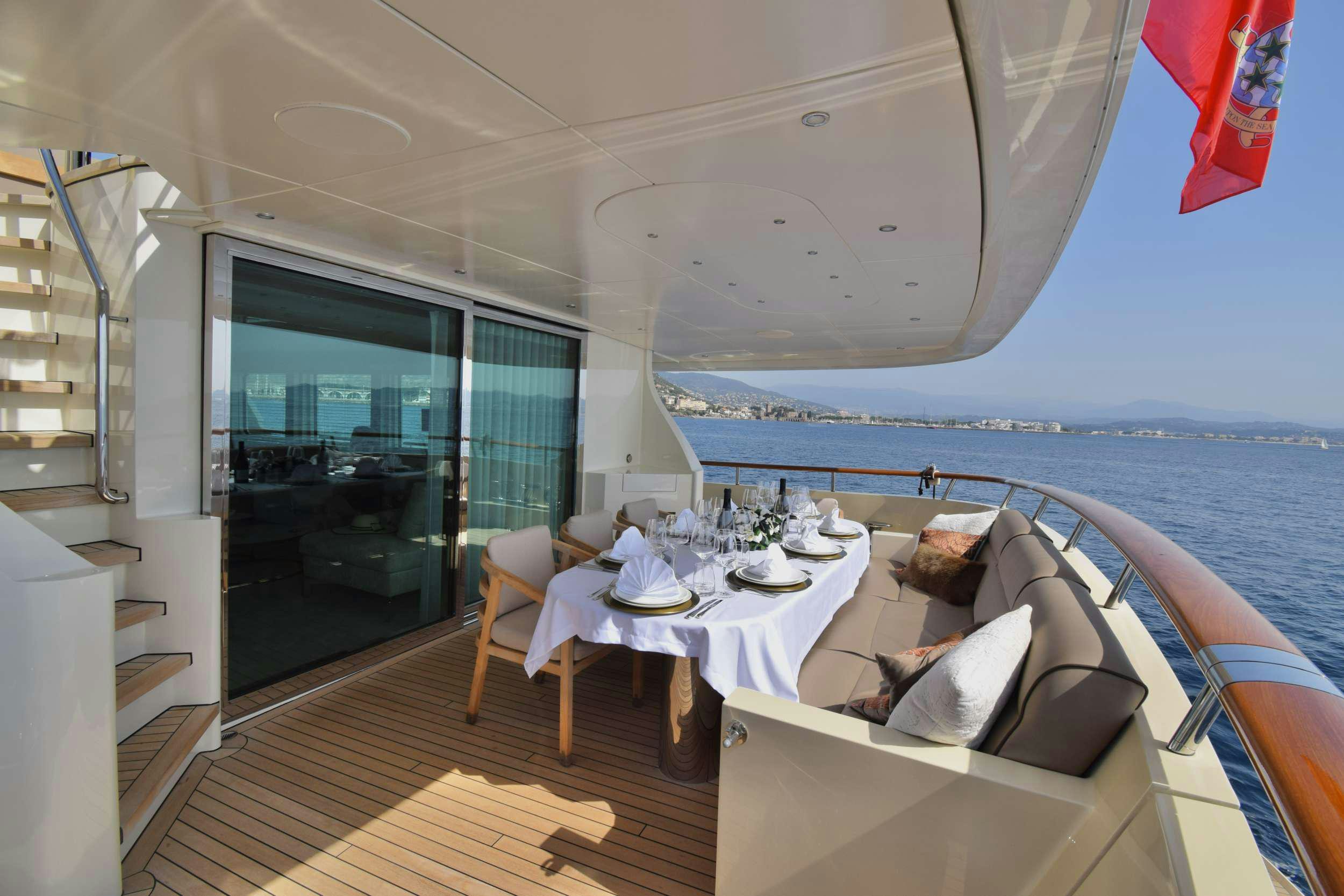 a boat with a table and chairs aboard ORIZZONTE Yacht for Charter