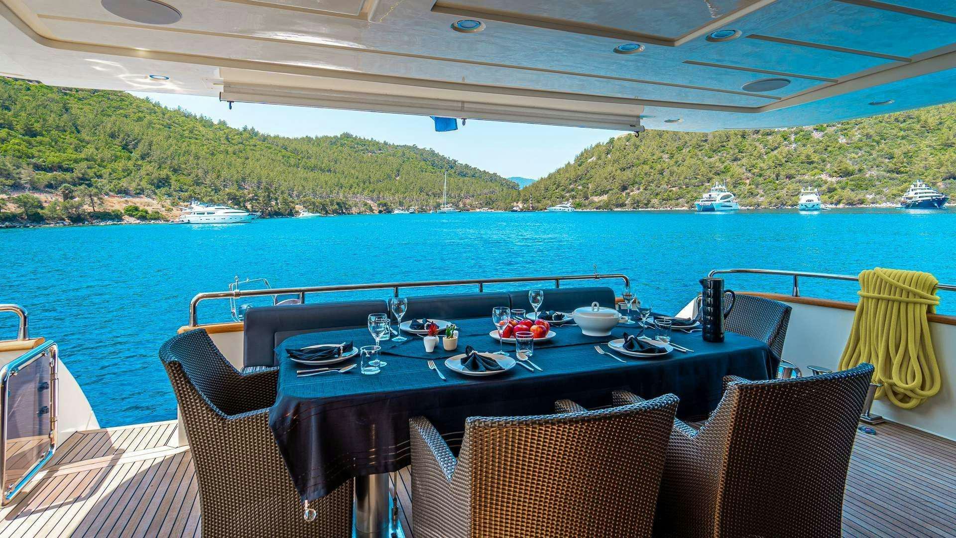 a table set for a meal on a boat aboard LIBERATA Yacht for Charter