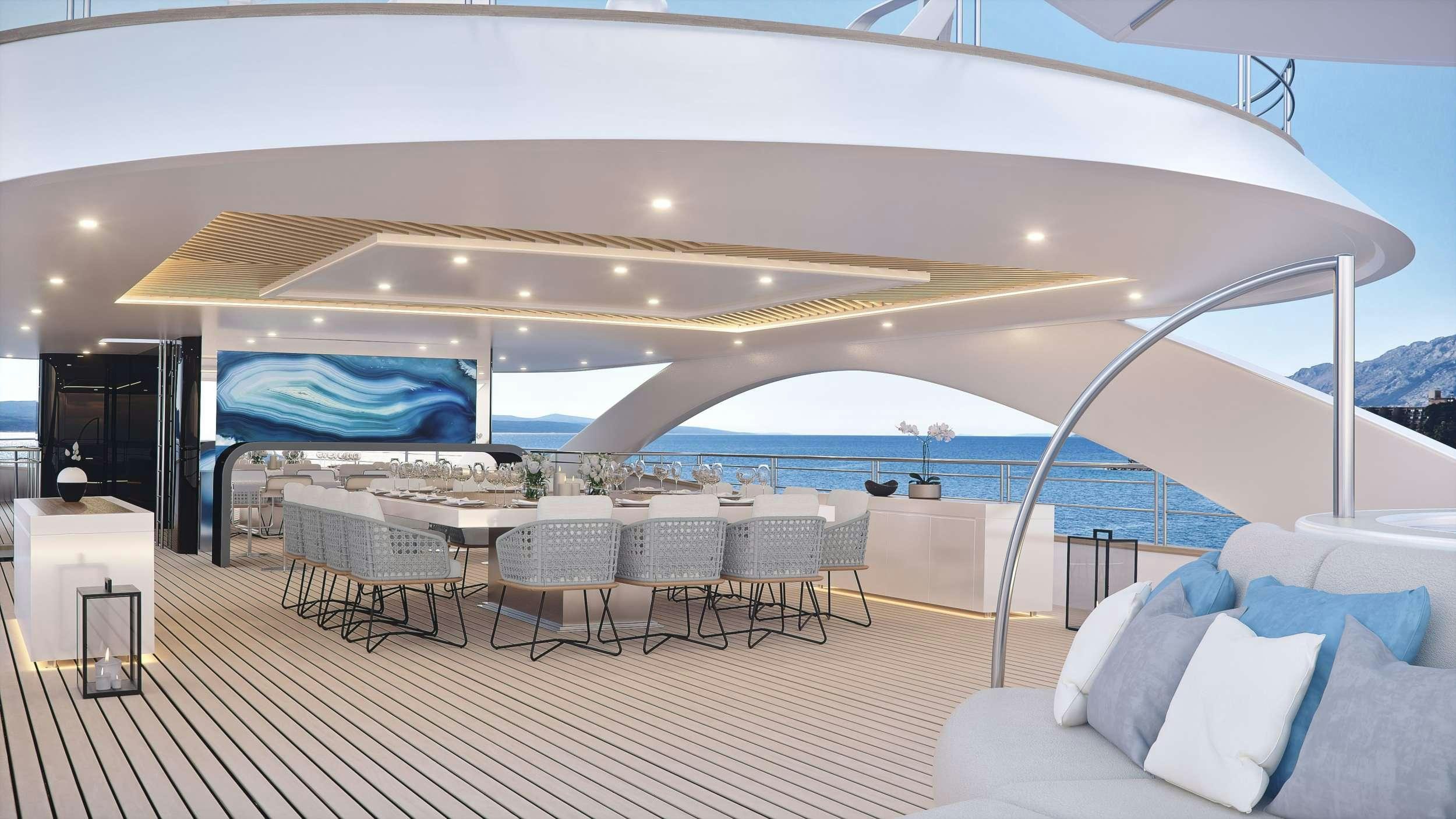 a large white tent with a large deck and a large pool aboard M/Y ANTHEA Yacht for Charter