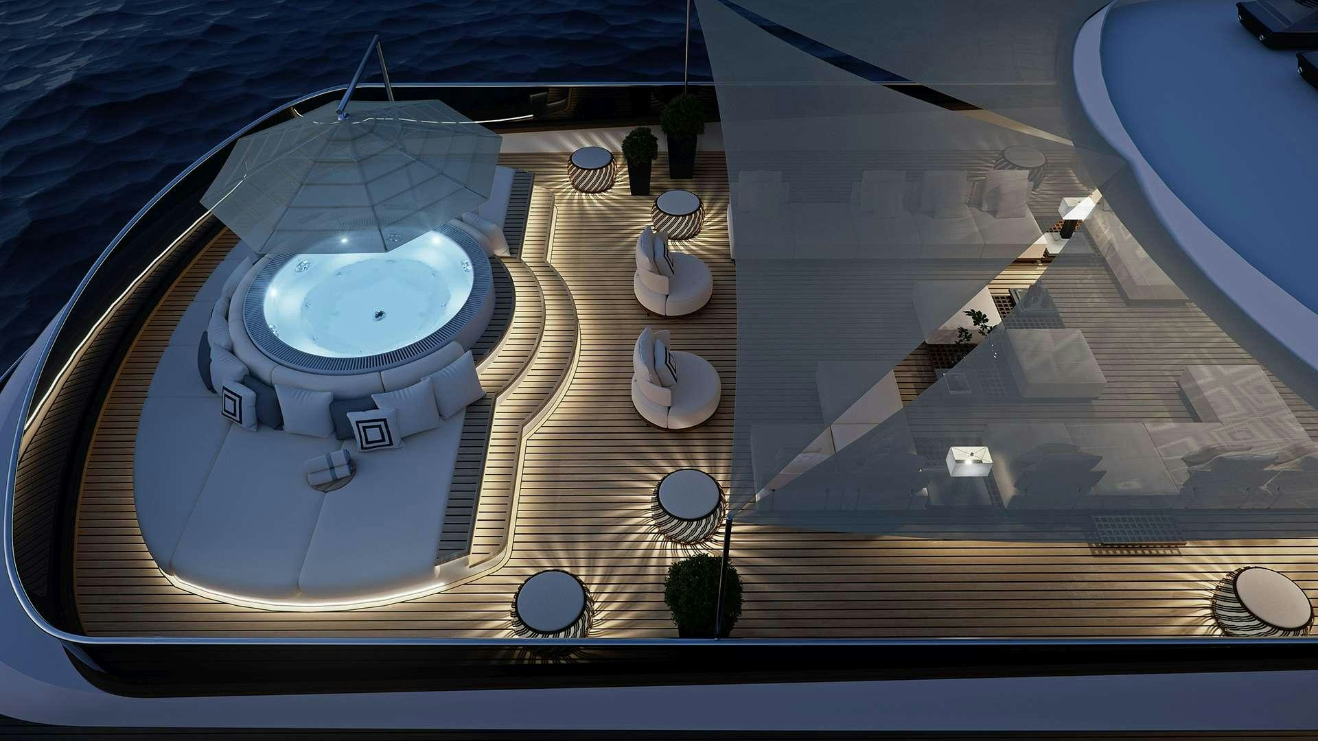 a high angle view of a building aboard BLACK SWAN Yacht for Charter
