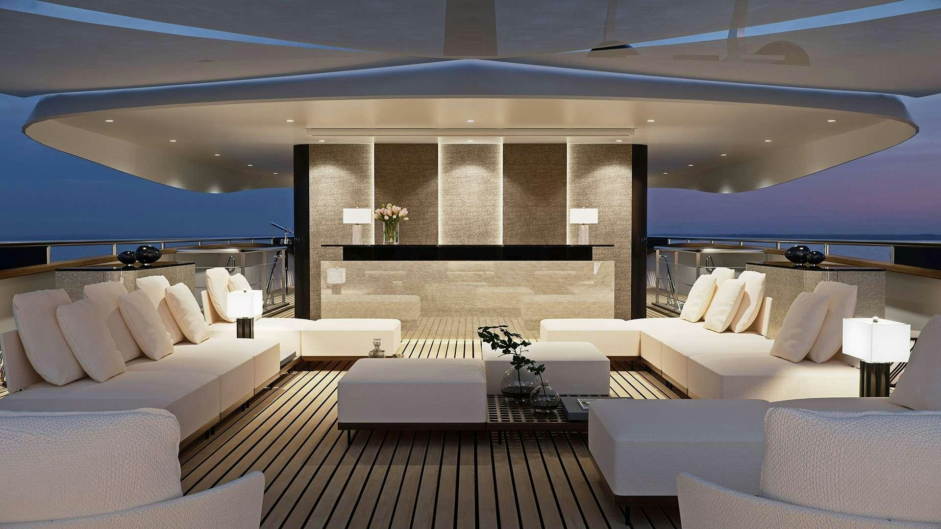 a room with a large fireplace aboard BLACK SWAN Yacht for Charter