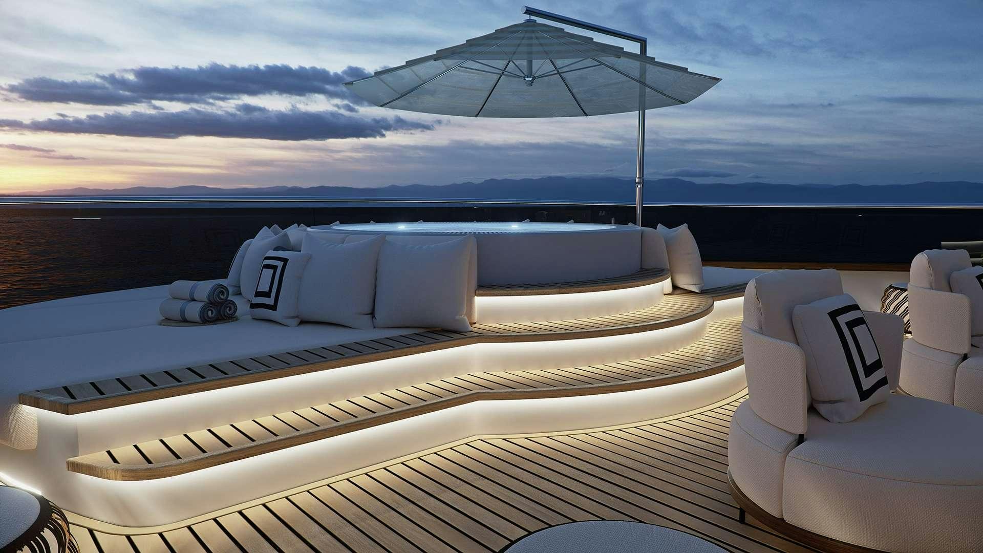 a large white bed with a white bed and a large umbrella on top aboard BLACK SWAN Yacht for Charter