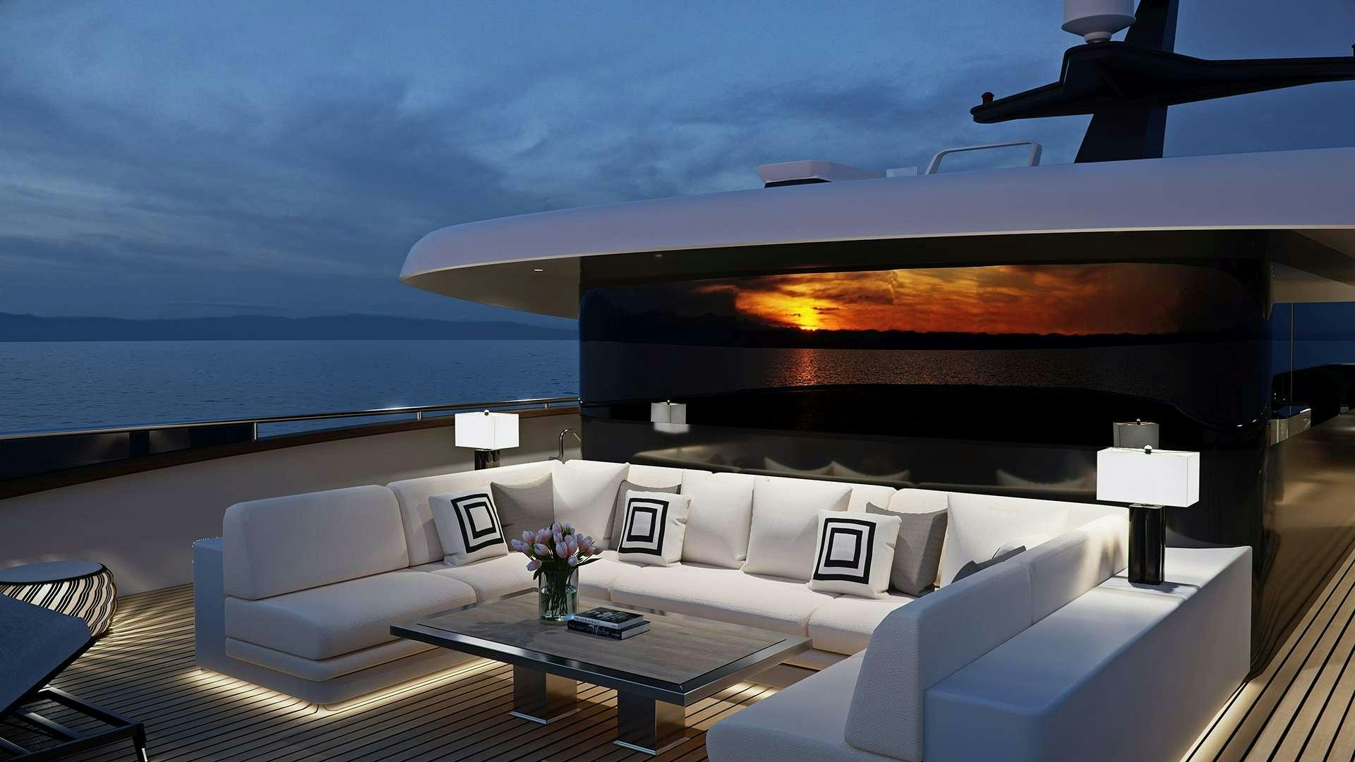a living room with a large fireplace aboard BLACK SWAN Yacht for Charter