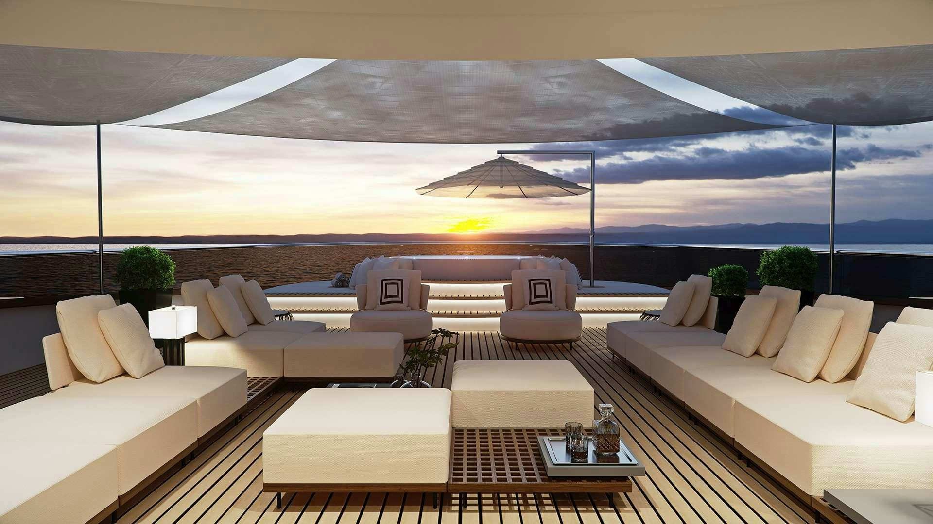 a large living room with a large patio and a large white umbrella aboard BLACK SWAN Yacht for Charter