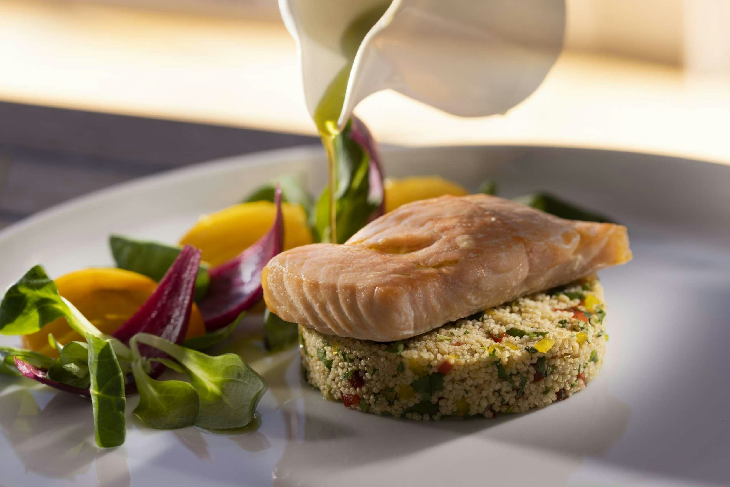 a plate of food aboard M/S AURUM SKY Yacht for Charter