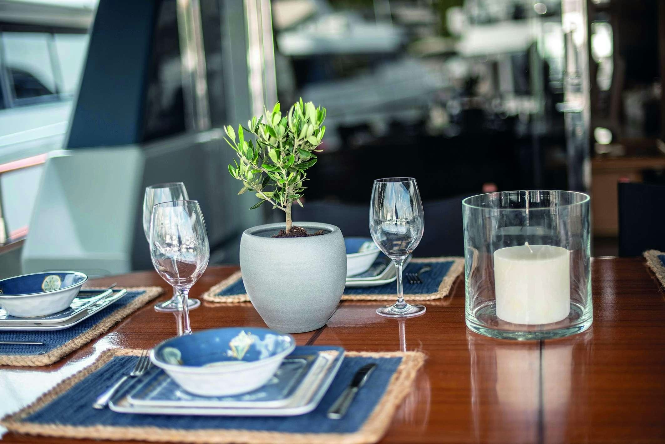 a plant in a pot on a table aboard KISS Yacht for Charter