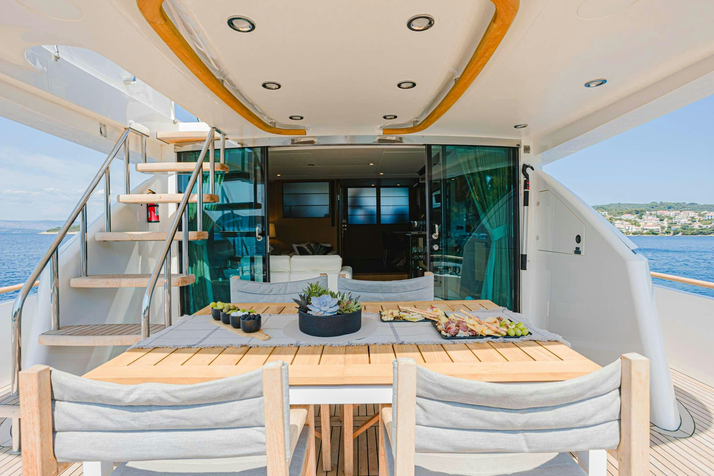 a table with chairs on it aboard JOLIDOR Yacht for Charter
