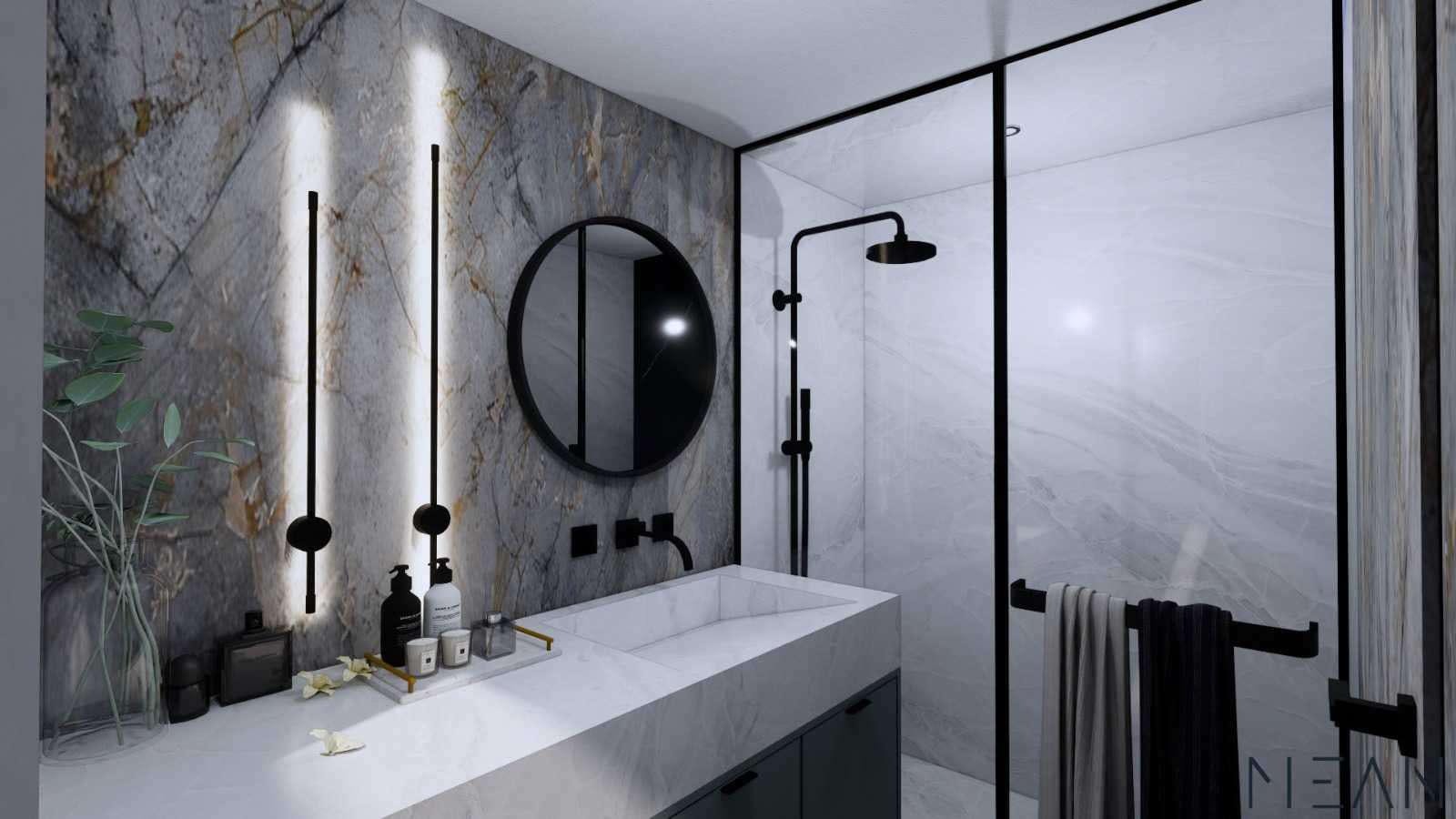 a bathroom with a large mirror aboard NORTH WIND Yacht for Charter