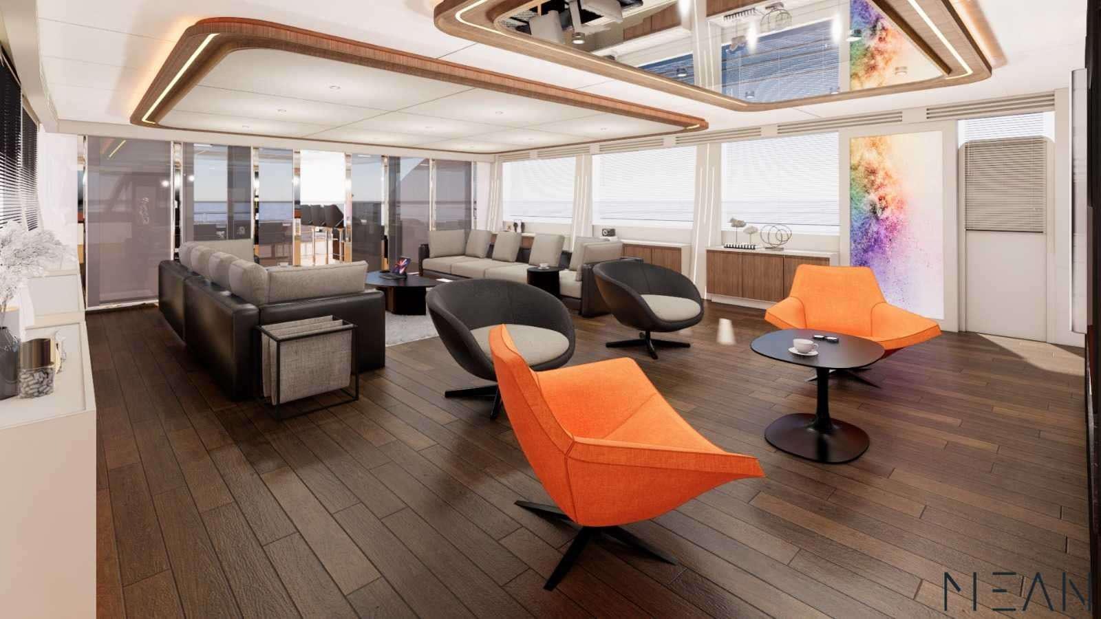 a living room with a large open floor plan aboard NORTH WIND Yacht for Charter