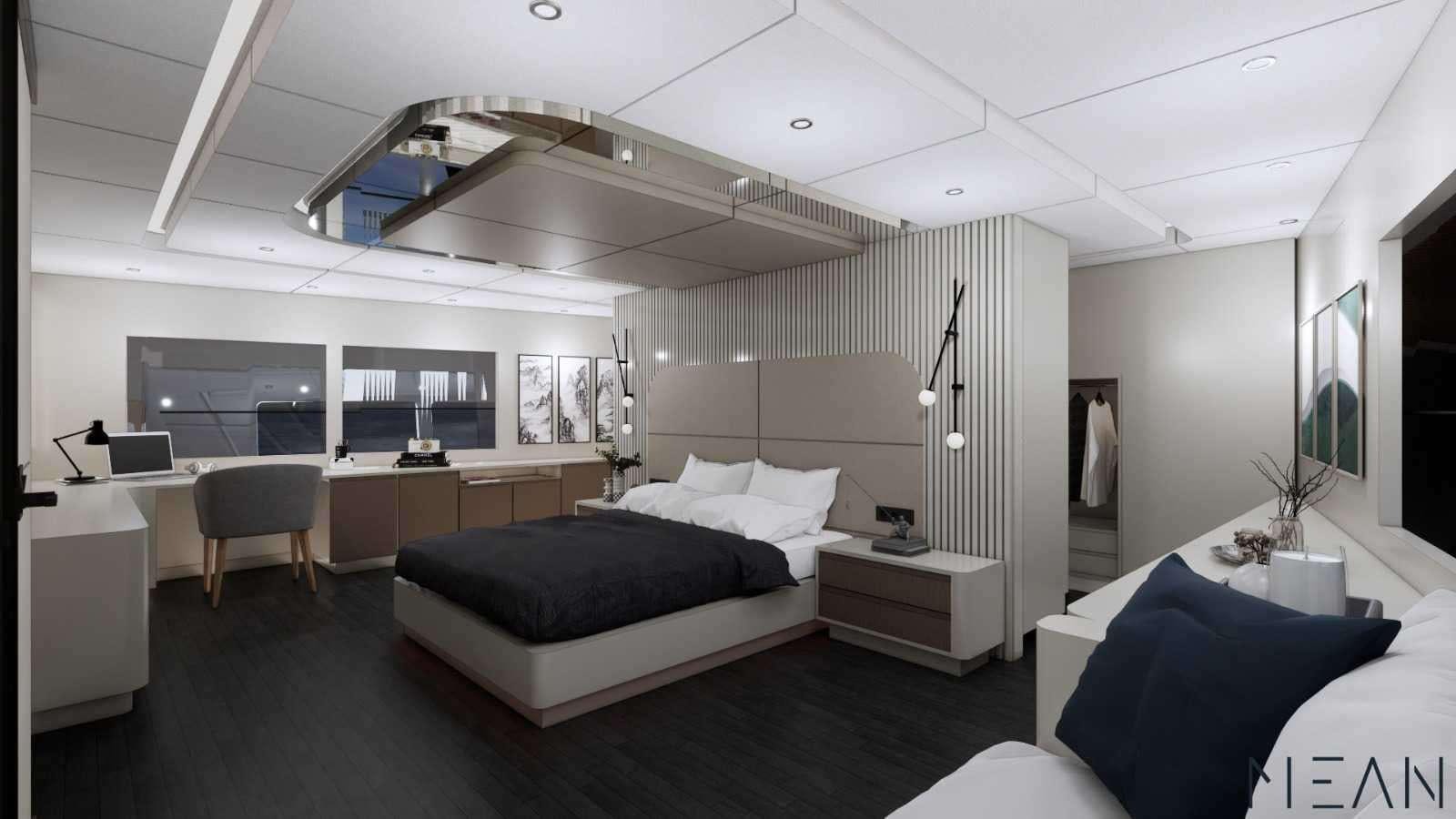 a bedroom with a large bed and desk aboard NORTH WIND Yacht for Charter