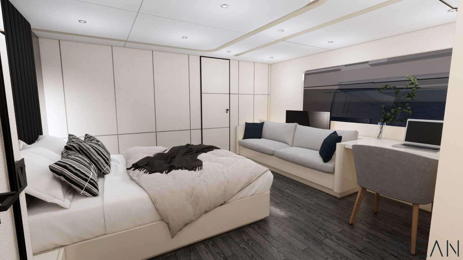 a room with a bed and a desk aboard NORTH WIND Yacht for Charter