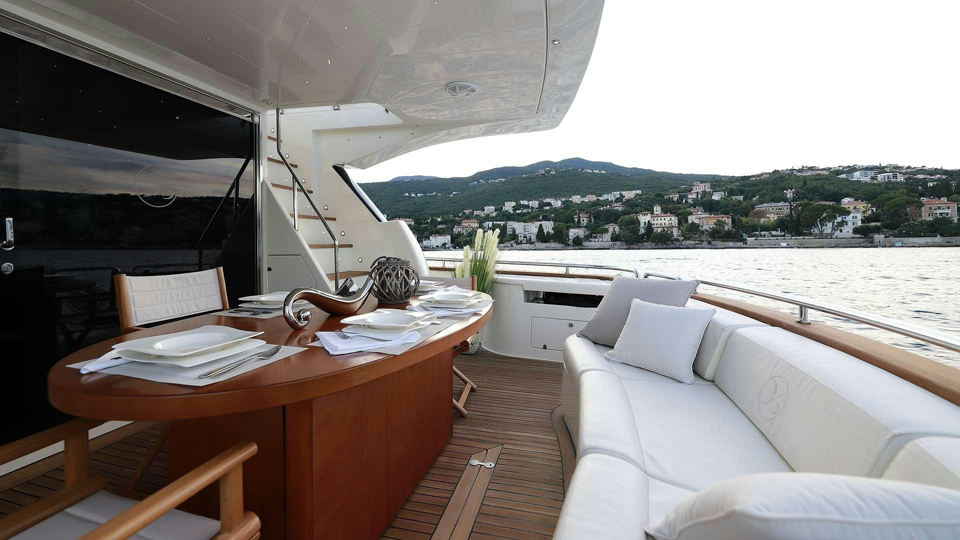 a table with chairs and a large window overlooking a body of water aboard PHOENIX Yacht for Charter