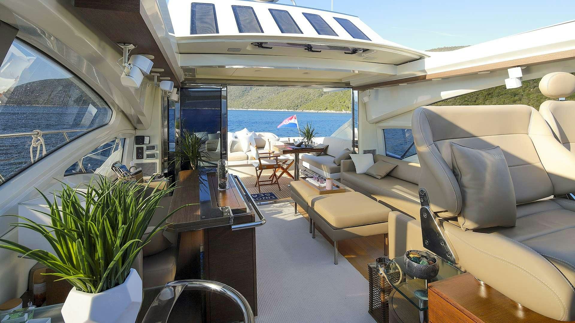 a living room with a large window aboard M/Y MAORO Yacht for Charter
