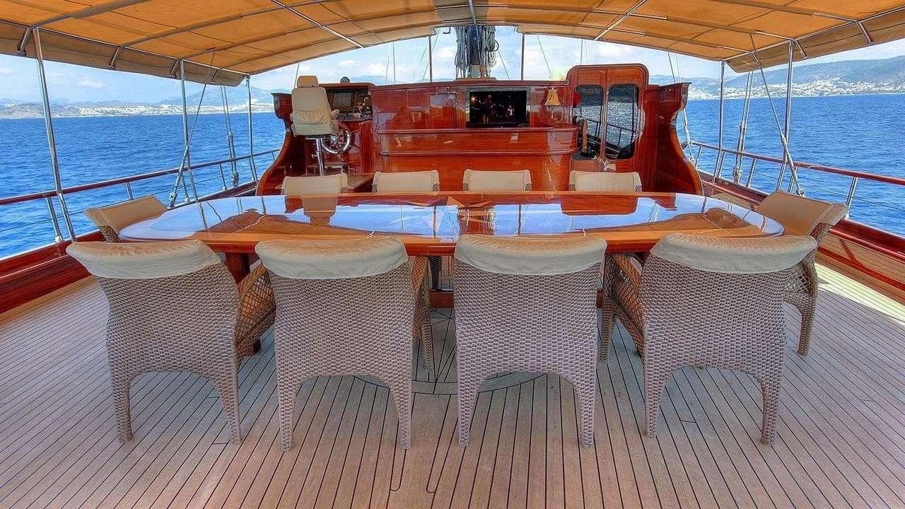 a boat with white chairs and tables aboard PERFORMANCE FEE Yacht for Charter