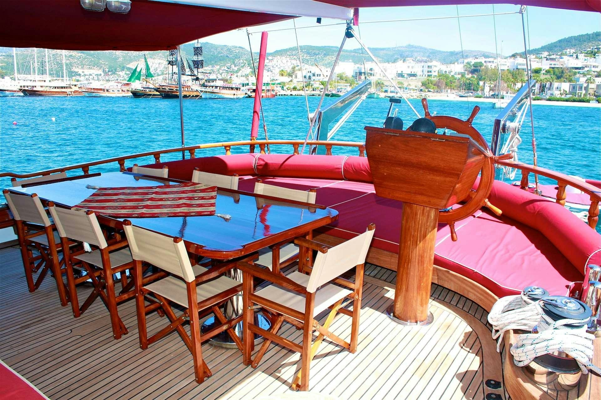 a deck with chairs and tables on it by the water aboard IL FRATELLO Yacht for Charter