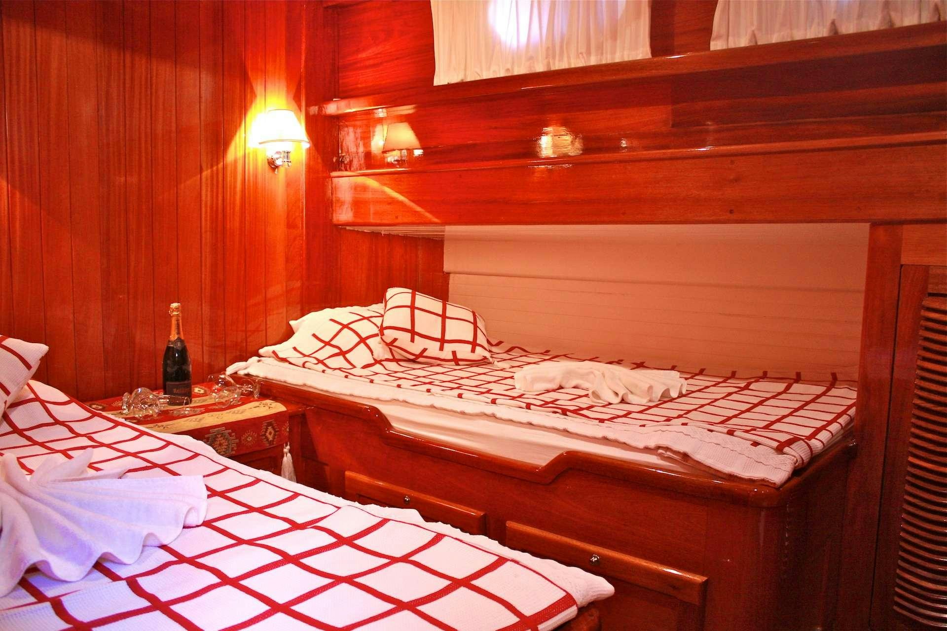 a couple of beds in a room aboard IL FRATELLO Yacht for Charter