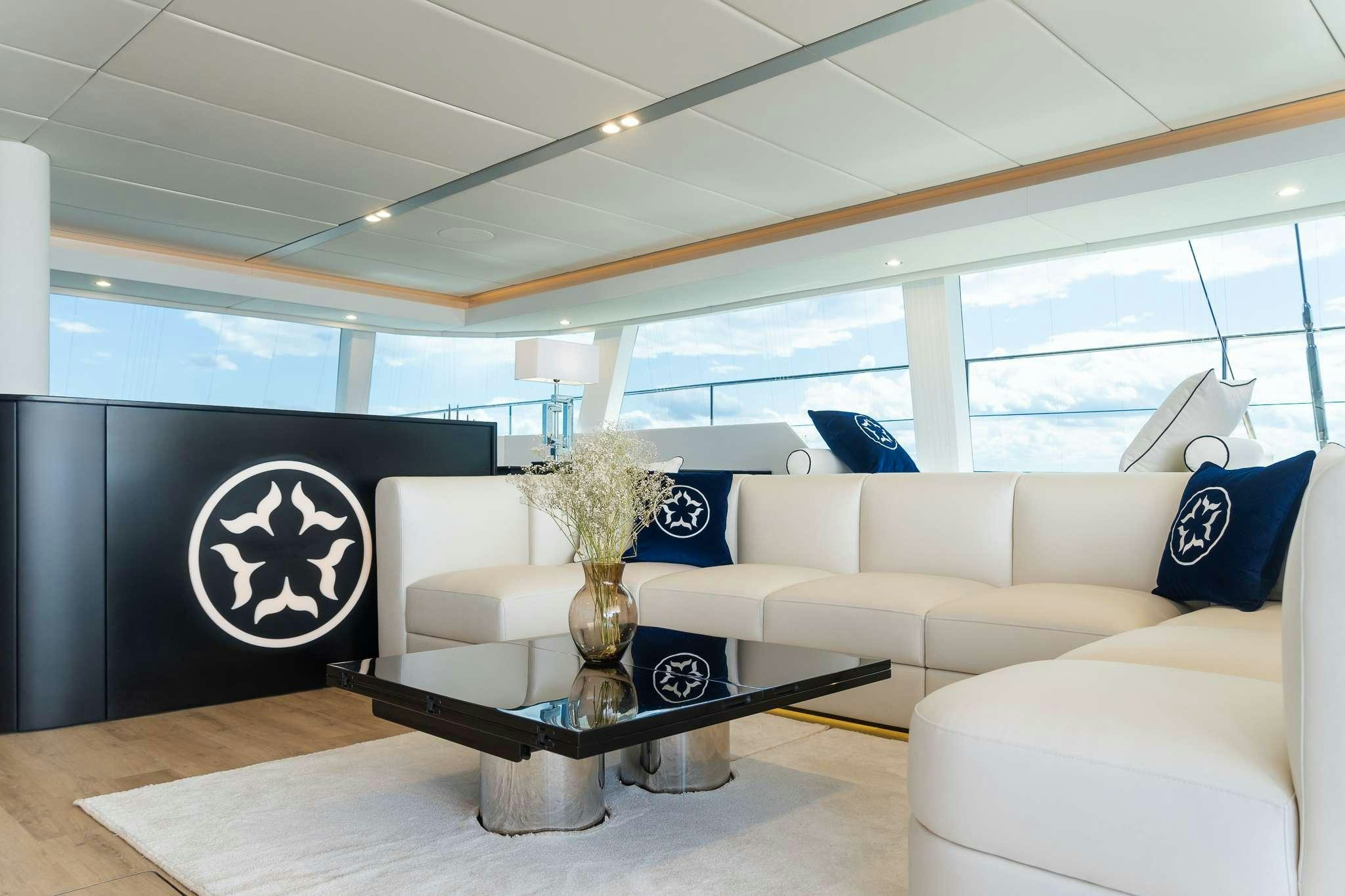 a living room with a black screen aboard ONE PLANET Yacht for Charter