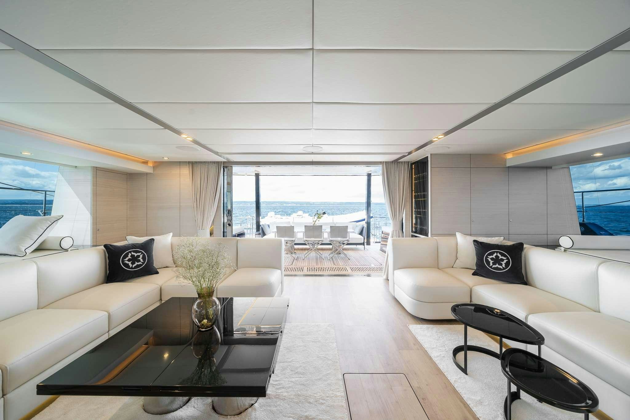 a living room with a large window aboard ONE PLANET Yacht for Charter