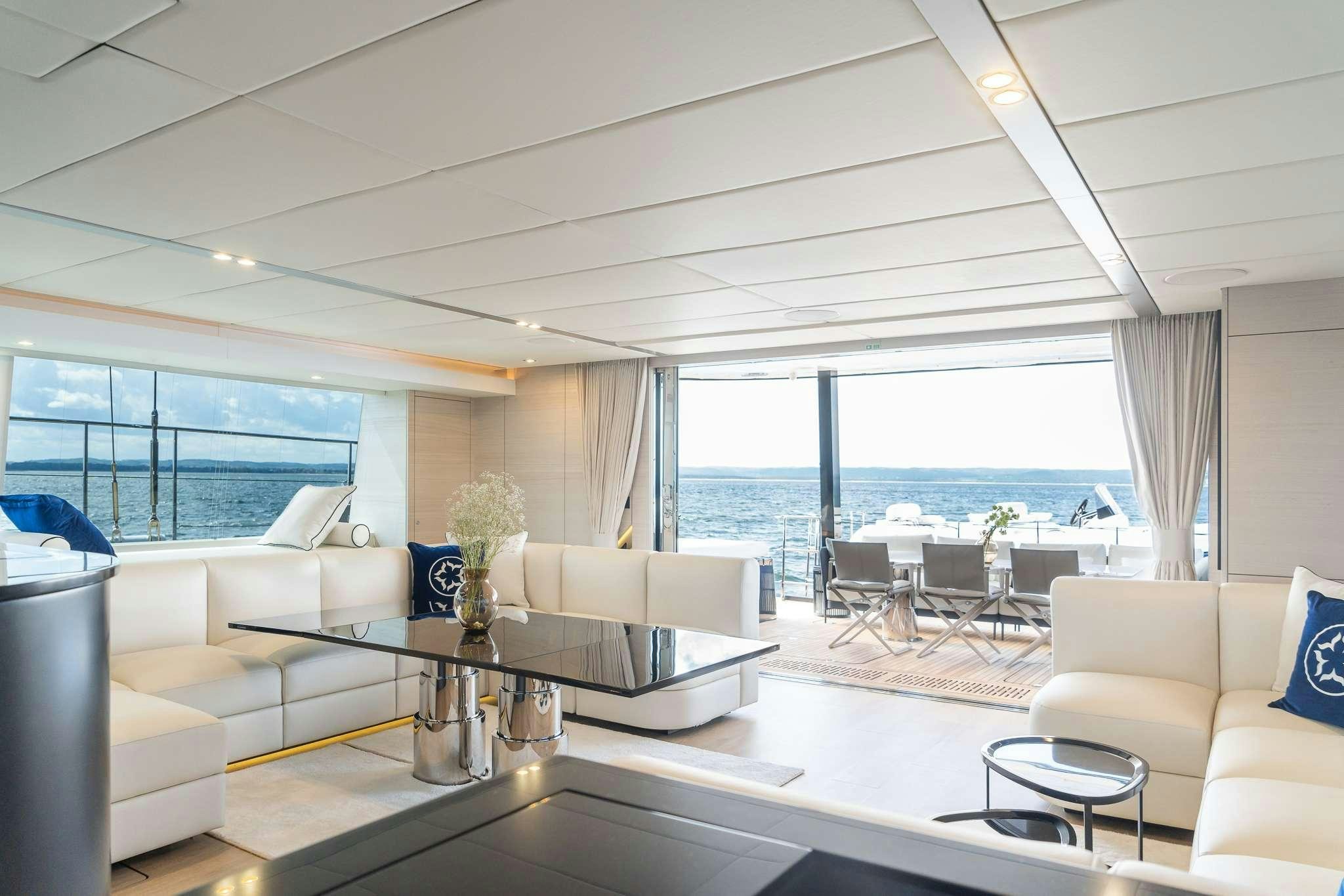a living room with a large window aboard ONE PLANET Yacht for Charter