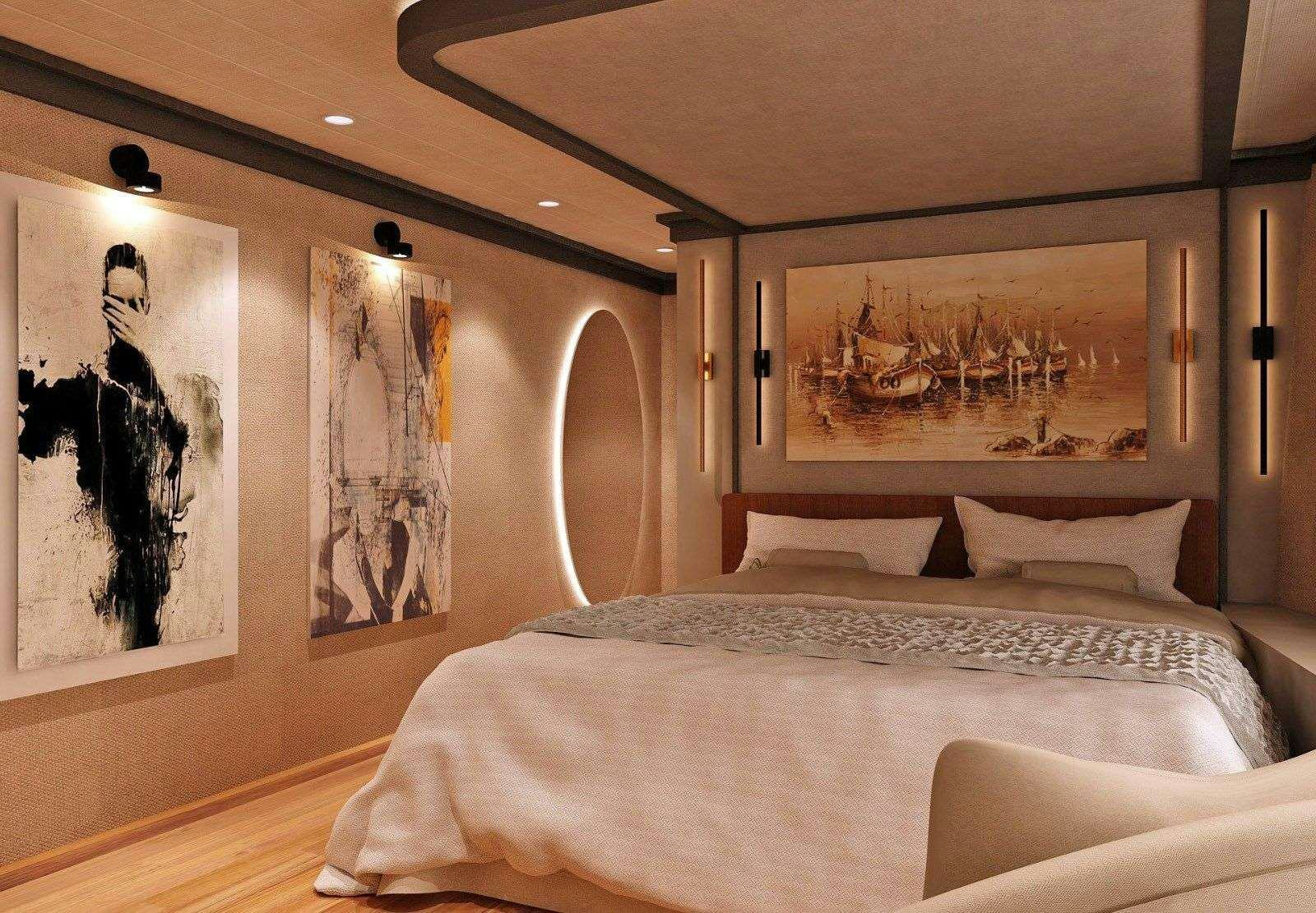 a bed with art on the wall aboard NAYK 3 Yacht for Charter