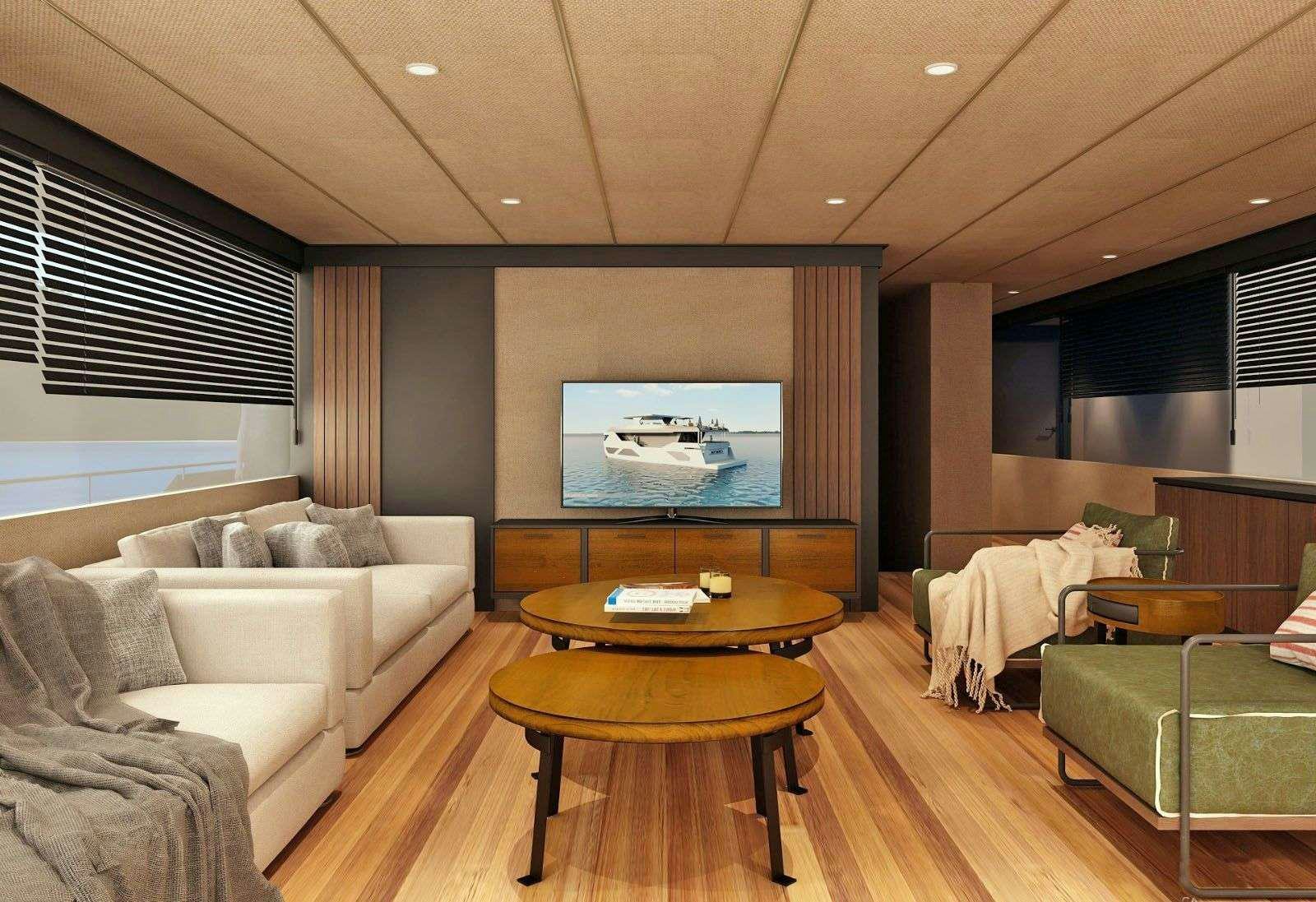 a living room with a large television aboard NAYK 3 Yacht for Charter
