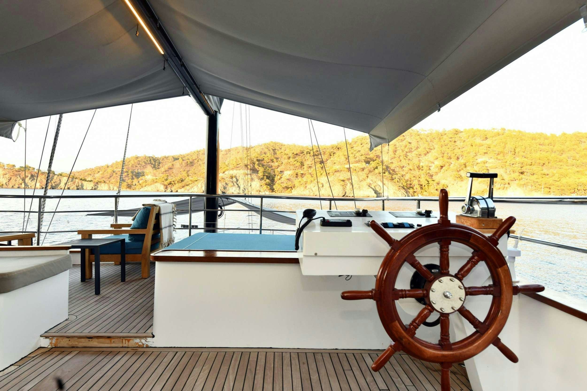 a boat with a steering wheel aboard NAYK 2 Yacht for Charter