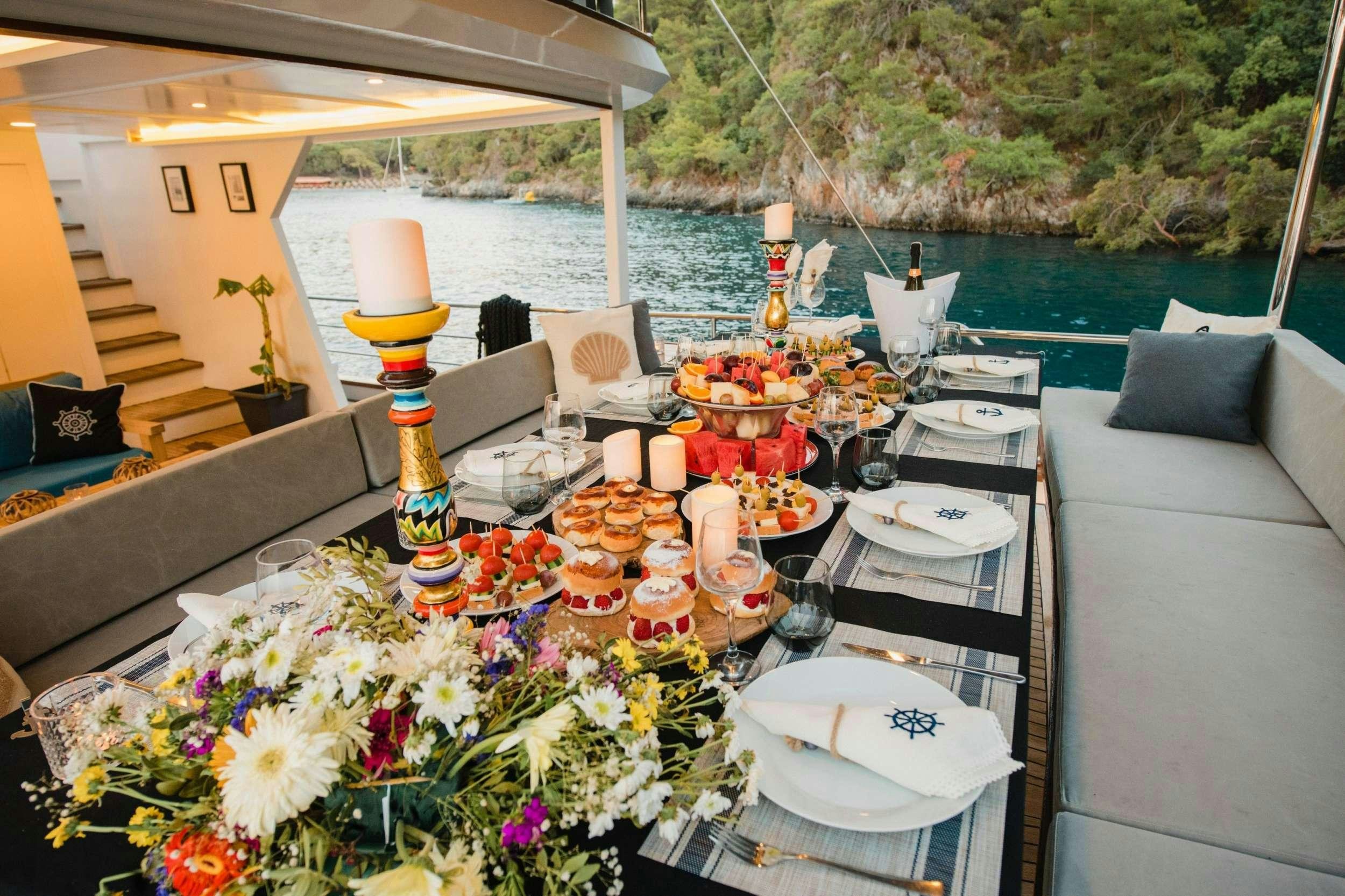 a table with food on it aboard NAYK 2 Yacht for Charter