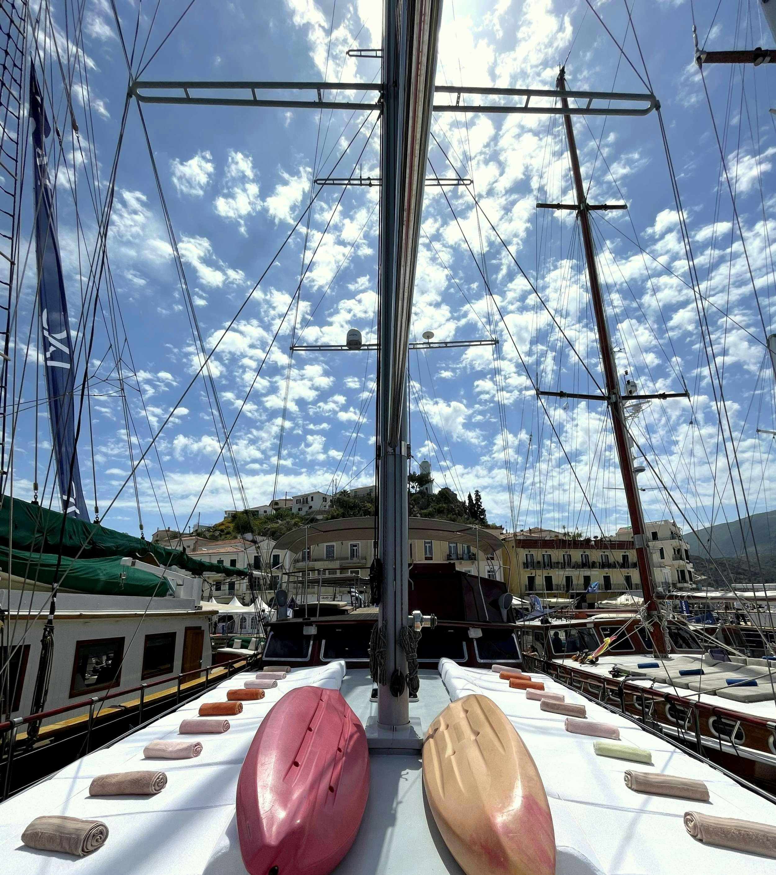 shoes on a table aboard ERATO Yacht for Charter