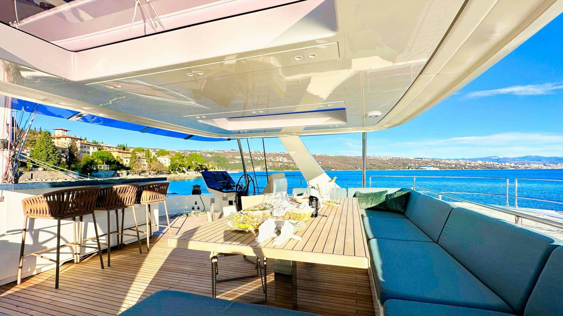a deck with a view of the ocean and a beach aboard NALA ONE Yacht for Charter