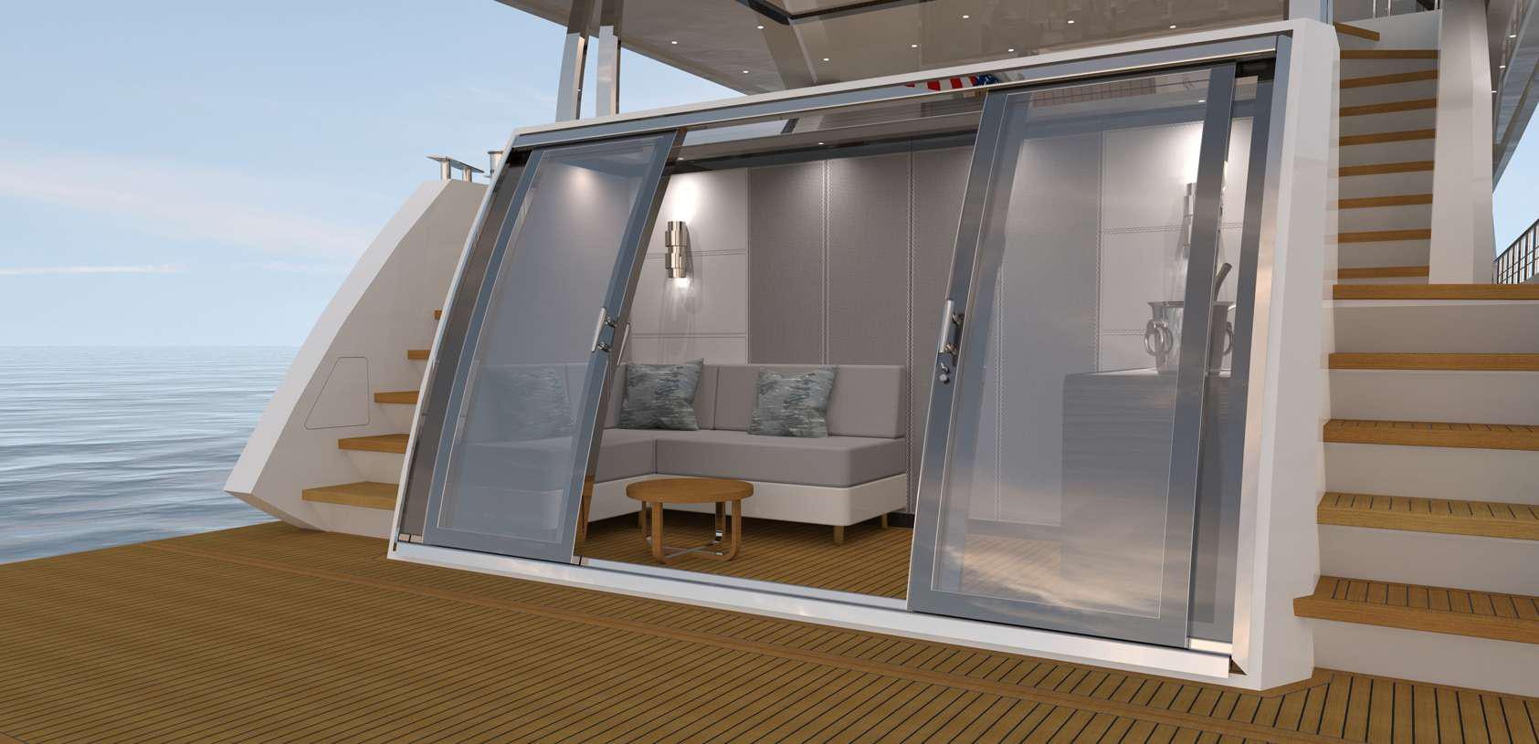 a room with a bed and a table aboard OCEAN ALEXANDER 27R03 Yacht for Charter