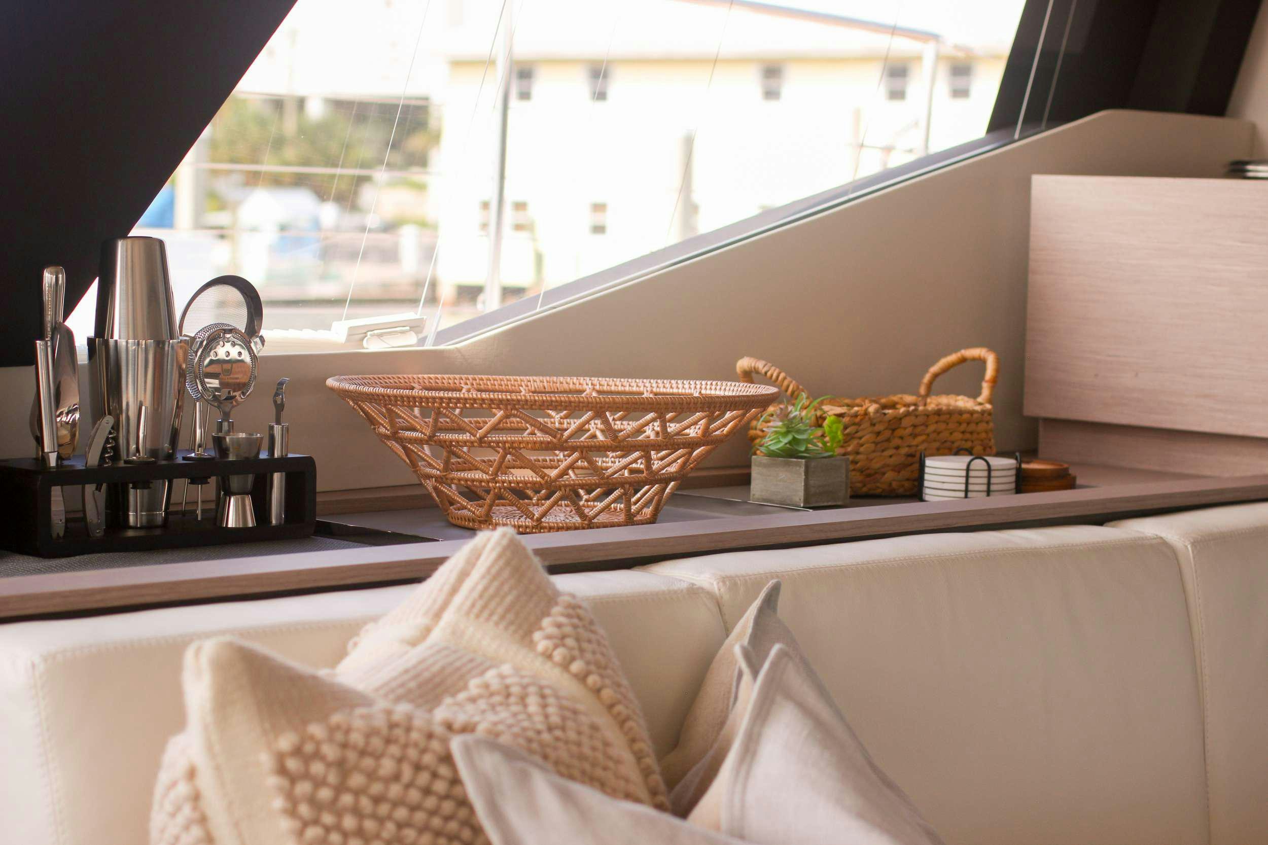 a basket of food on a table aboard PRINCESS MILA Yacht for Charter
