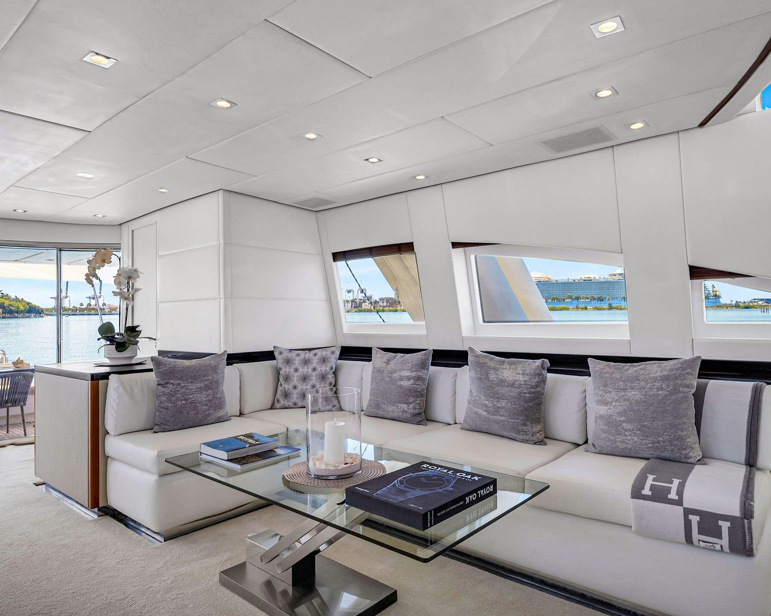 a living room with a large screen aboard CARPE DIEM Yacht for Charter