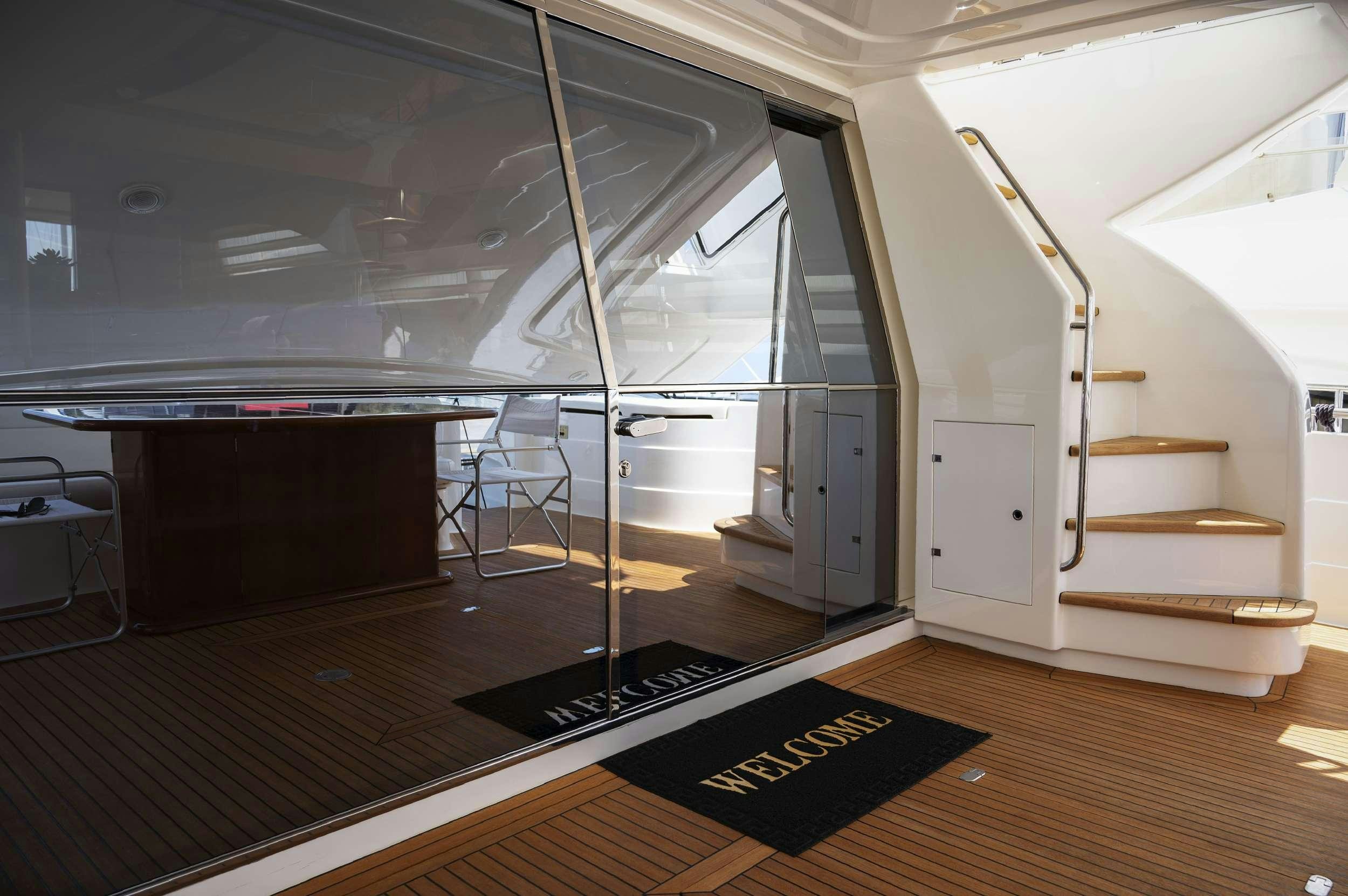 a room with a large window and a desk with a chair and a large window aboard VENTUS 21 Yacht for Charter
