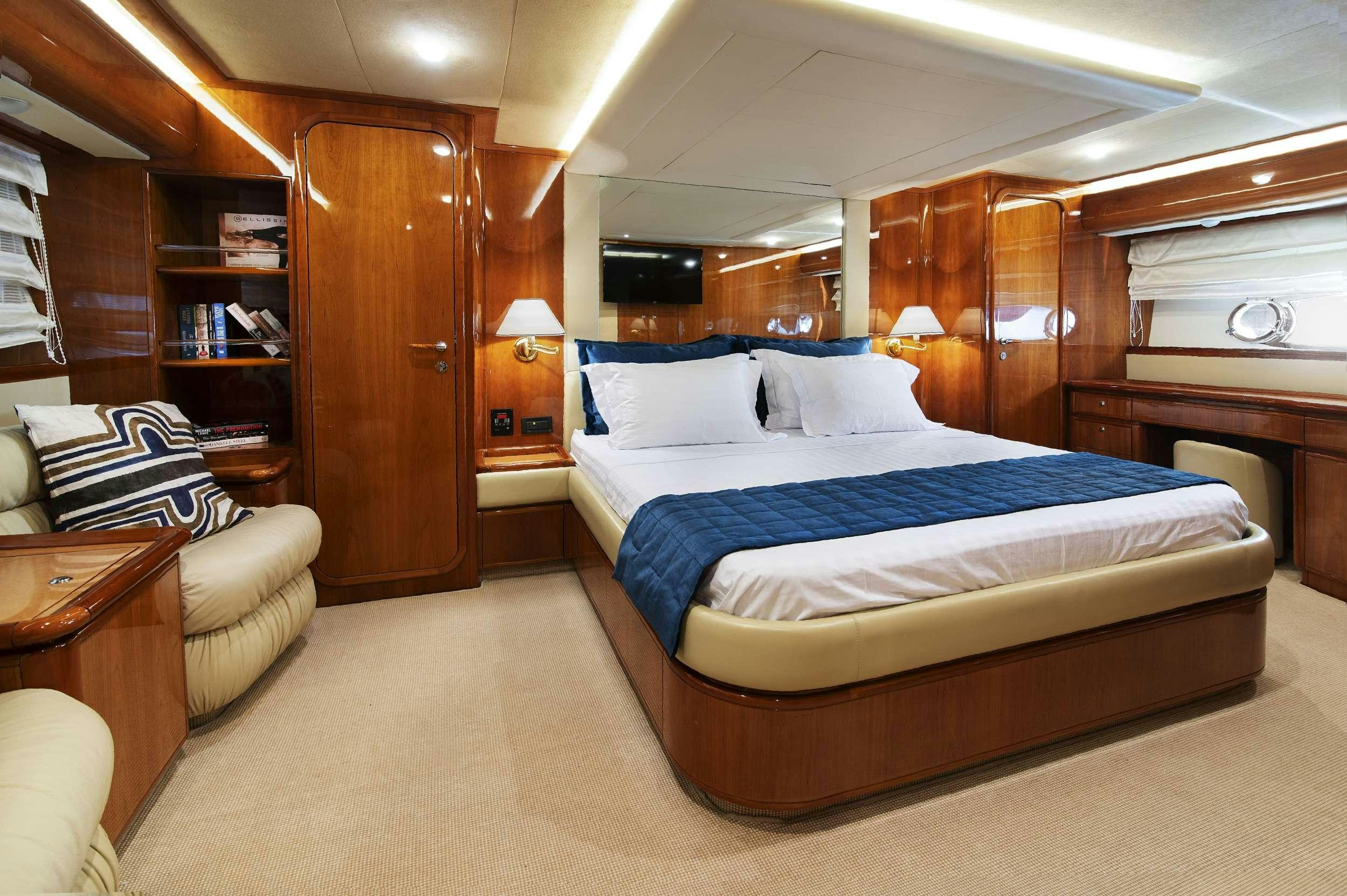 a large bedroom with a bed aboard VENTUS 21 Yacht for Charter