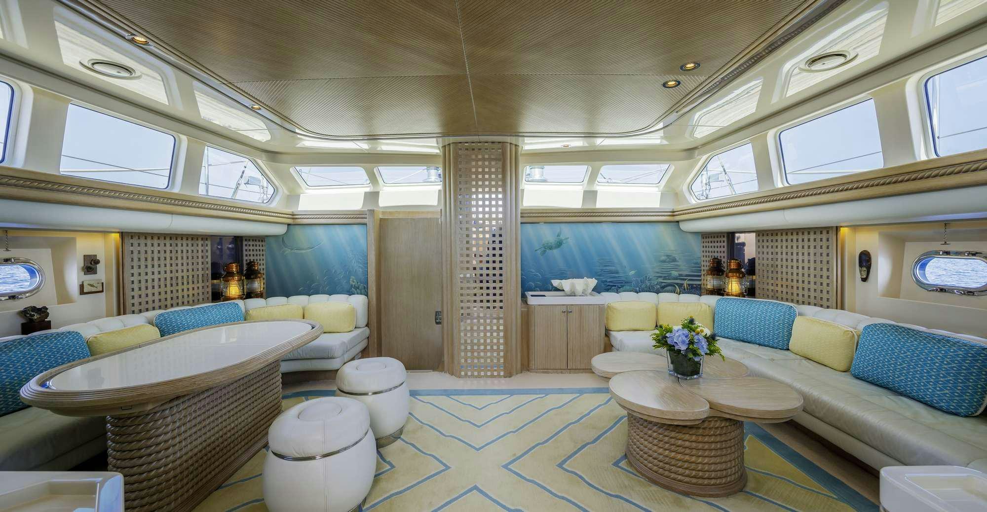 a large room with a table and chairs aboard NOMMO Yacht for Charter