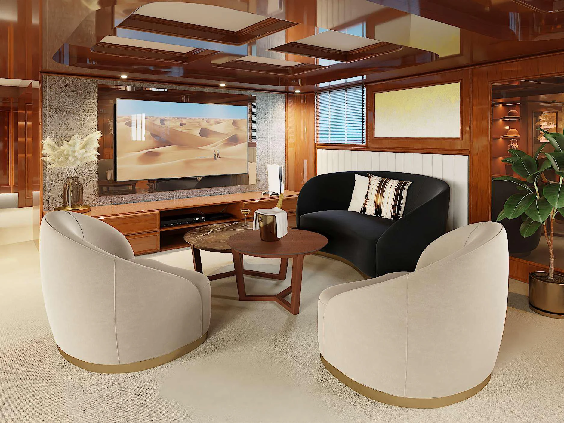 a living room with a tv and furniture aboard ISABELL PRINCESS OF THE SEA Yacht for Charter