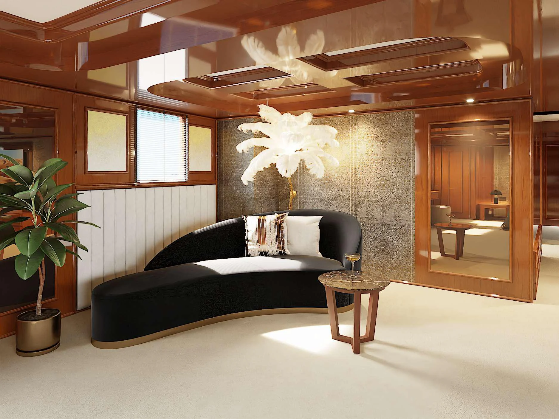 a black couch in a room aboard ISABELL PRINCESS OF THE SEA Yacht for Charter