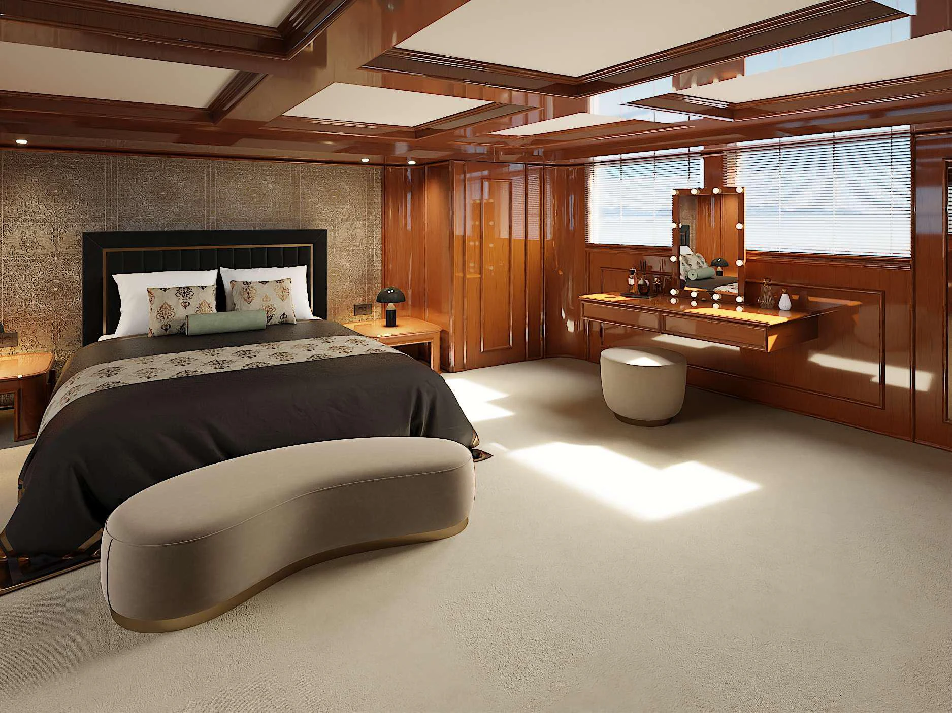 a bedroom with a bed and a desk aboard ISABELL PRINCESS OF THE SEA Yacht for Charter