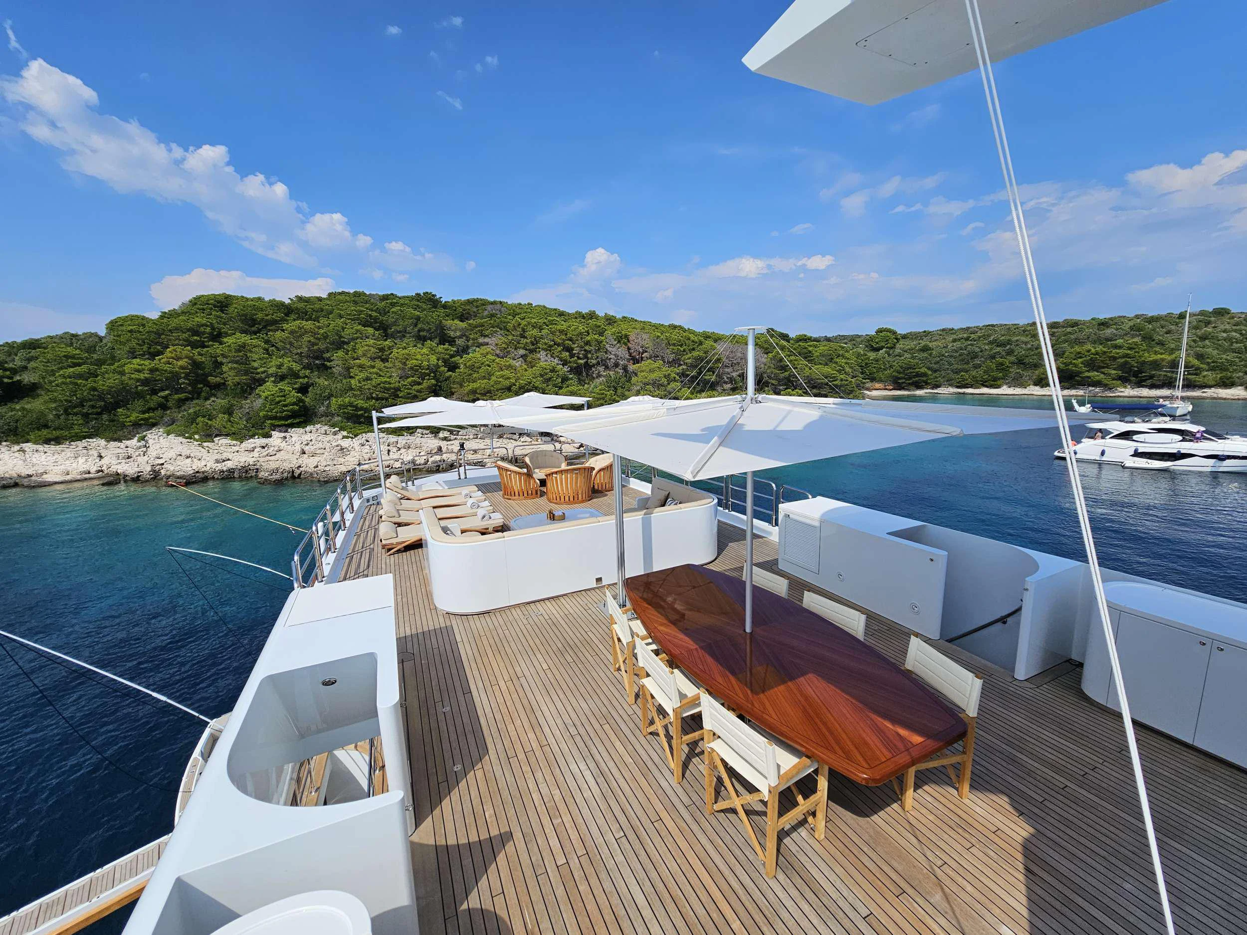 a deck with chairs and umbrellas on it aboard ISABELL PRINCESS OF THE SEA Yacht for Charter