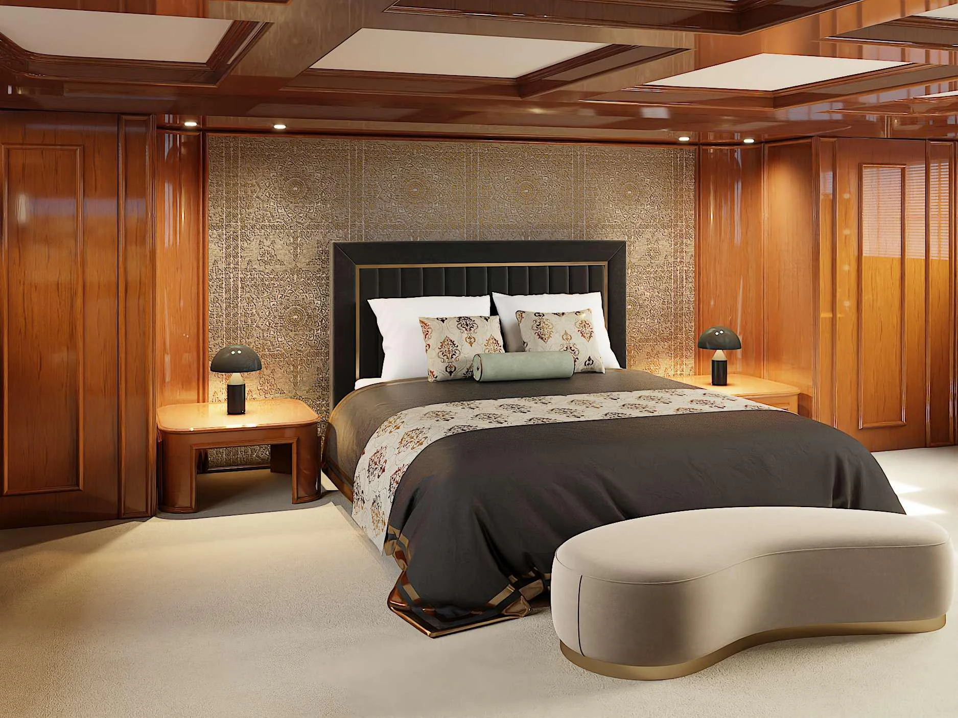 a bed with a black and white bed spread aboard ISABELL PRINCESS OF THE SEA Yacht for Charter