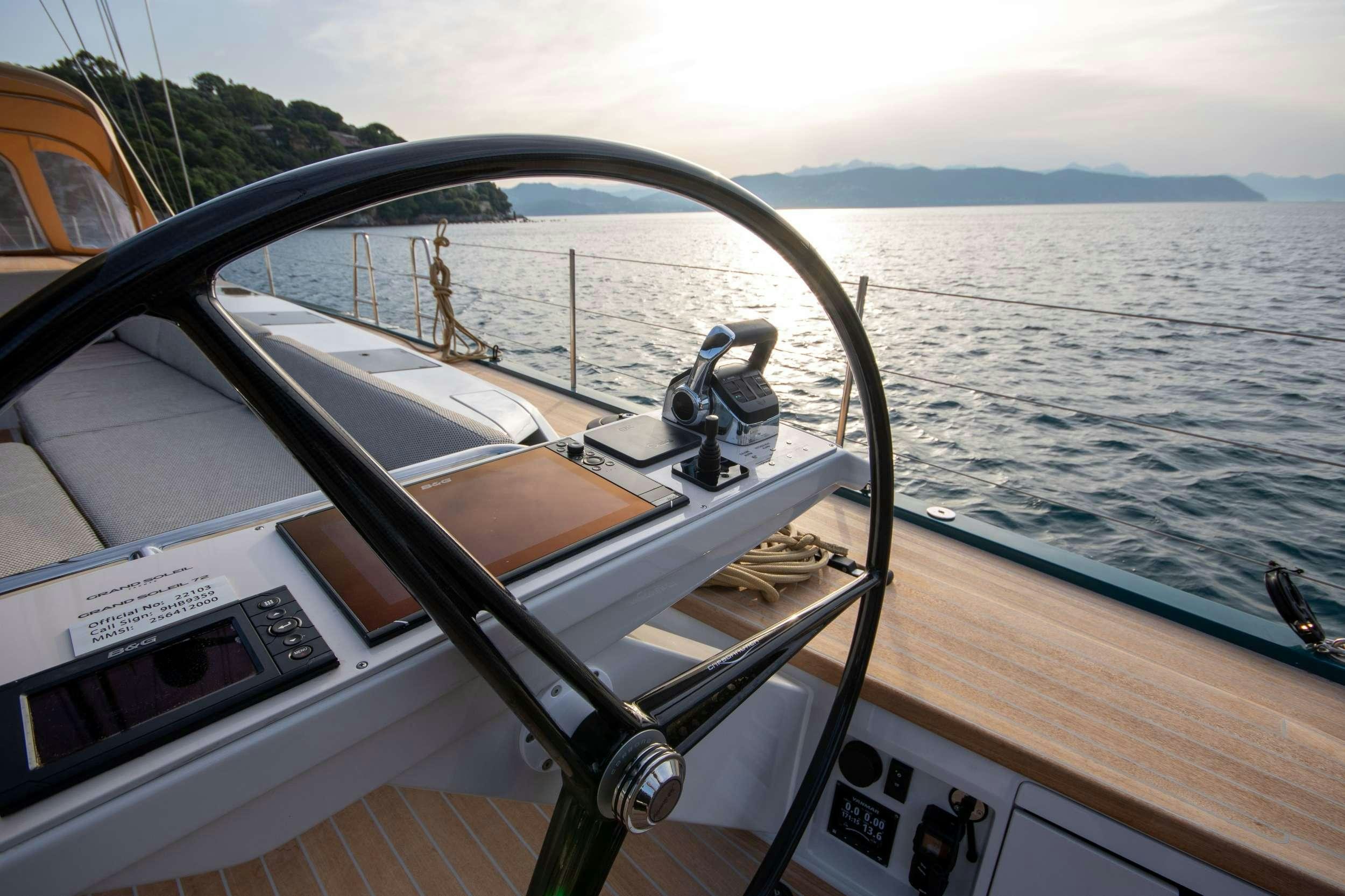 a boat with a steering wheel aboard BIANCA Yacht for Charter
